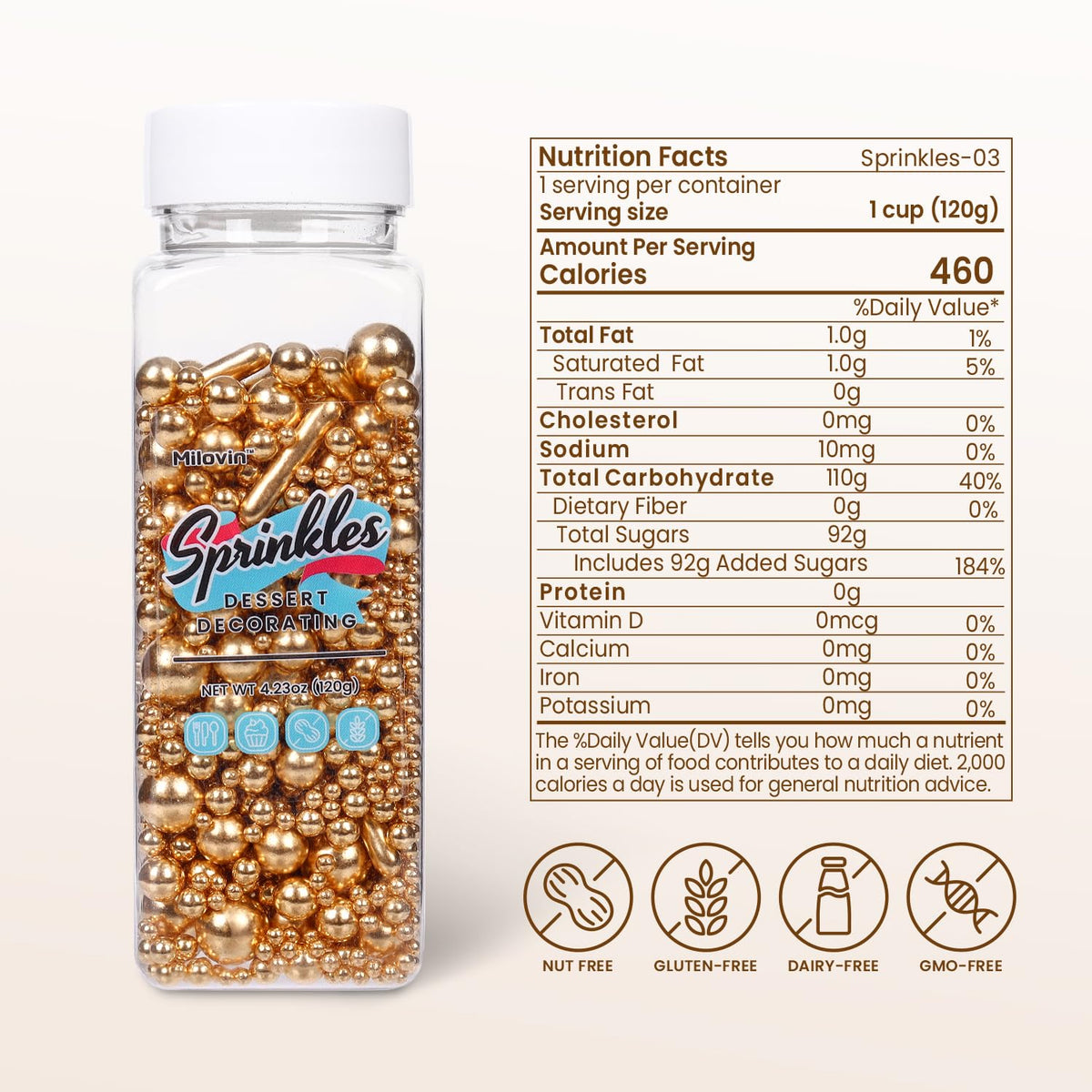 Gold Pearl Sprinkles for Cake Decorating, Pearl Metallic Rod Mix, 4.23 oz Gold Sprinkles for