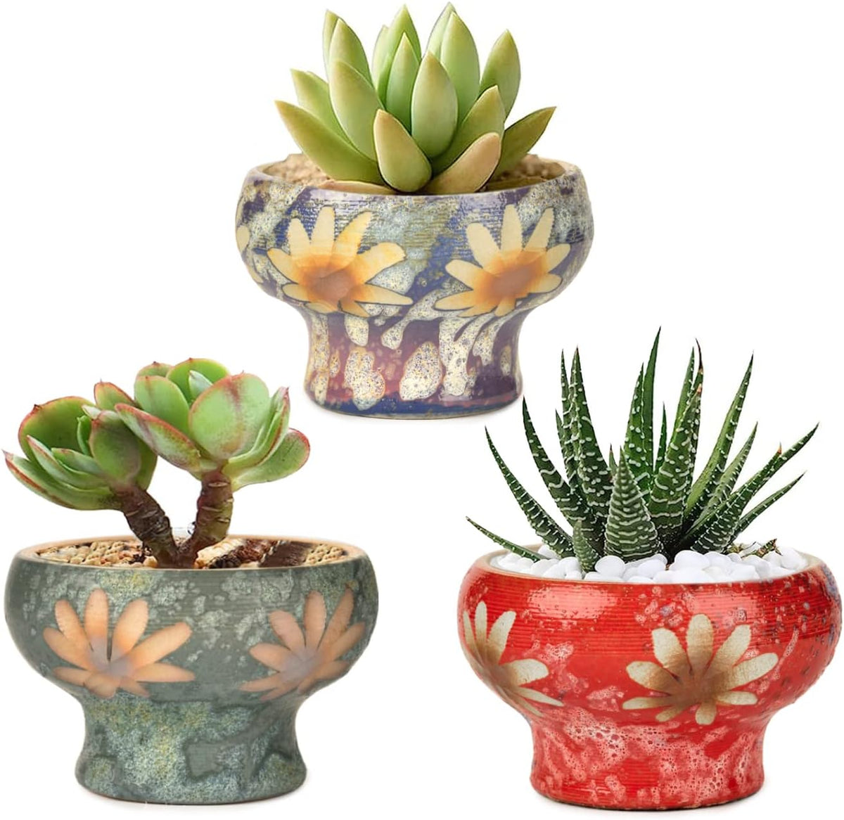 Sungmor Small Succulent Planters Set of 3, Beautiful Hand Crafted Ceramic Plant Pots Cute Cactus