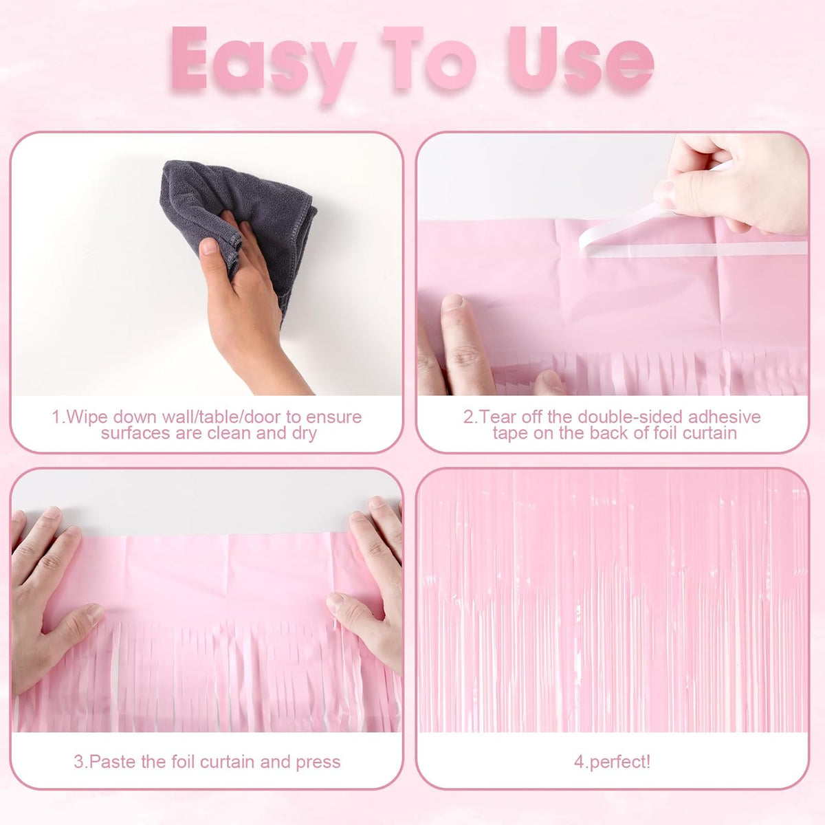 2 Pack Pastel Pink Tinsel Foil Fringe Curtains, Pink Party Decorations, Metallic Tinsel Party