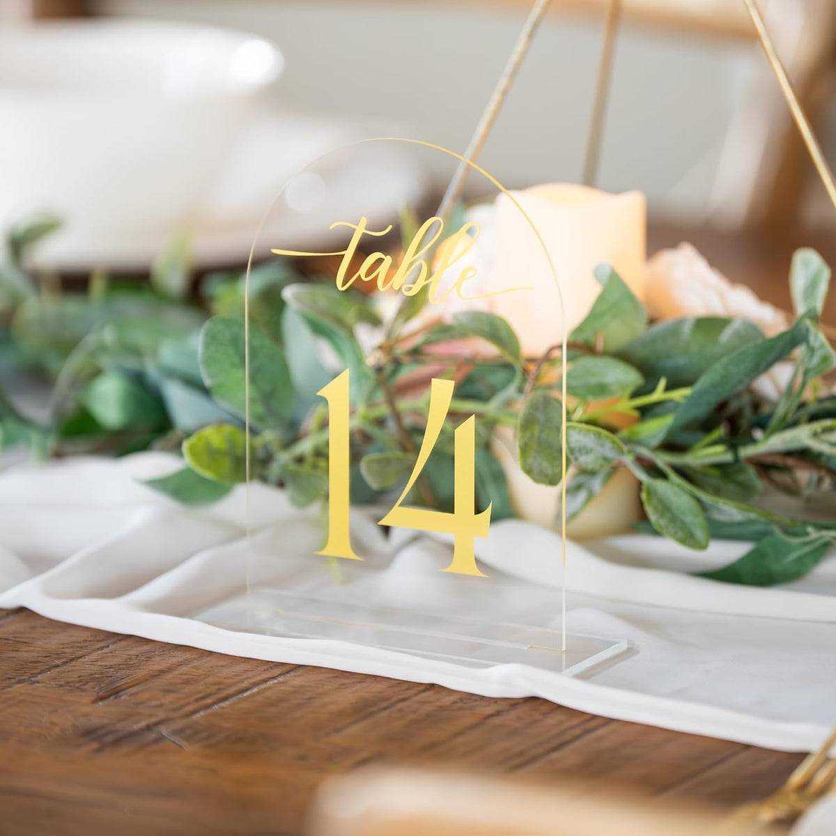 Clear Arch Acrylic Table Numbers for Wedding Reception - 5" x 7" Gold Font Centerpiece Set with