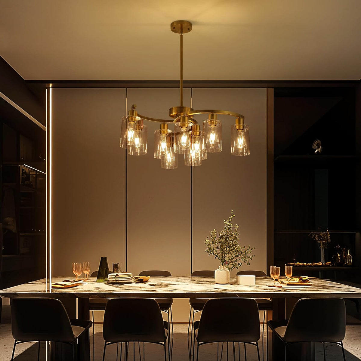 9-Light Gold Glass Chandelier, Adjustable Height Dining Room Light Fixtures Over Table