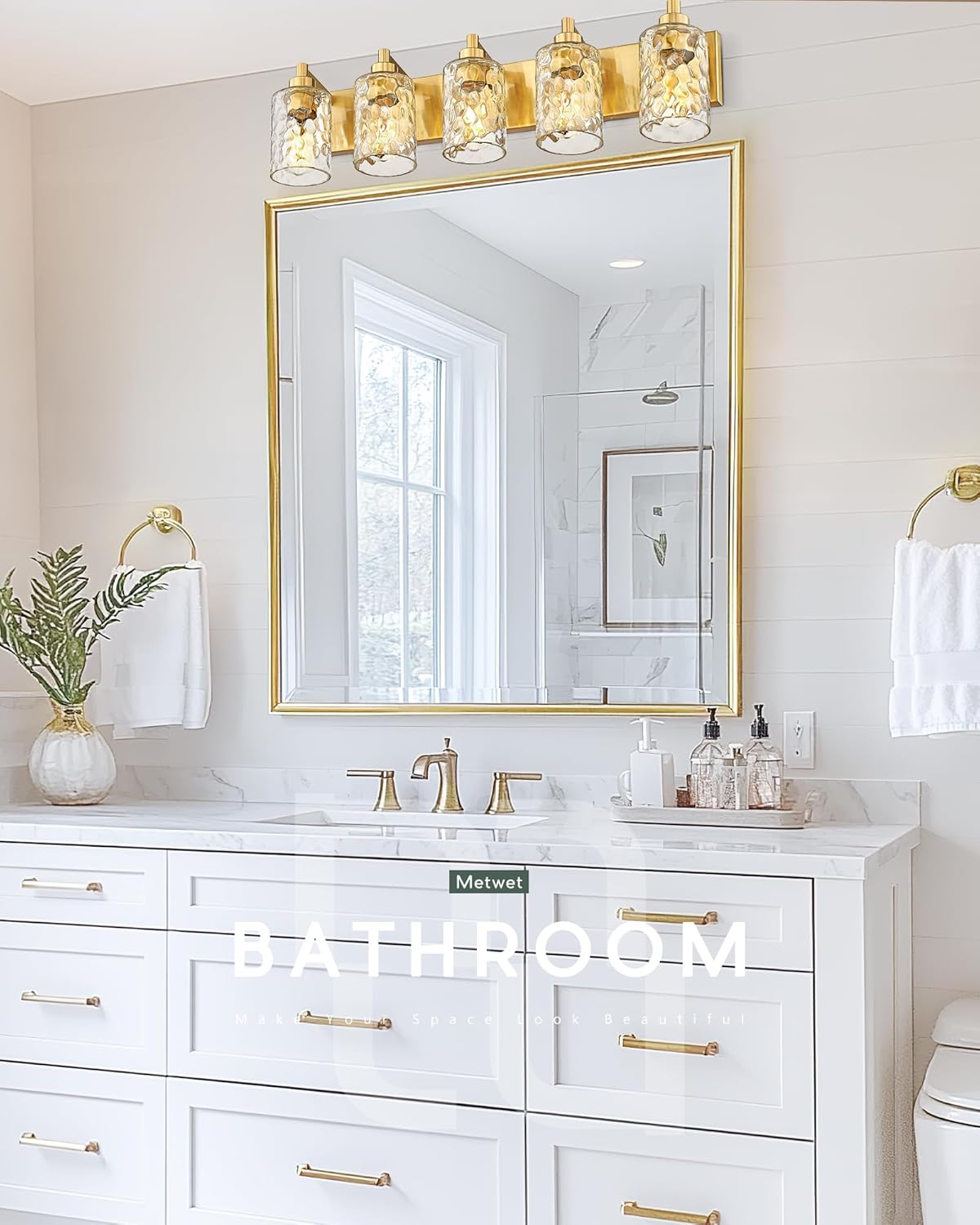 5-Light Bathroom Light Fixtures, 30 Inch Brushed Gold Vanity Lights with Clear Hammered Glass