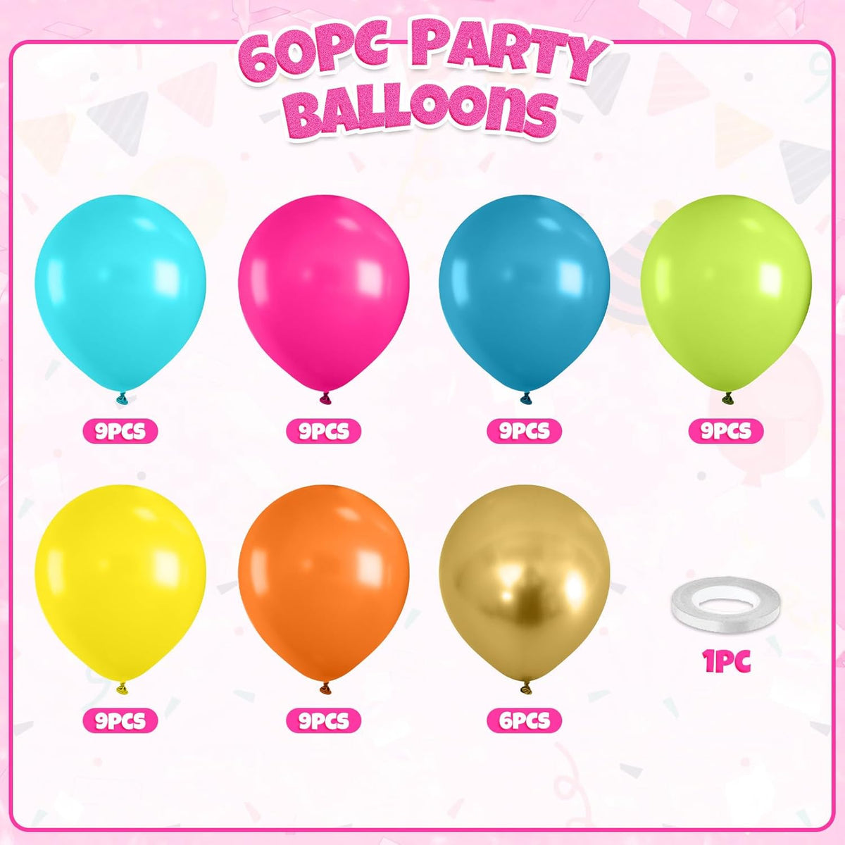 Rainbow Balloons, 60pcs Colorful Balloons, Matte Hot Pink Teal Blue Green Orange Yellow Gold