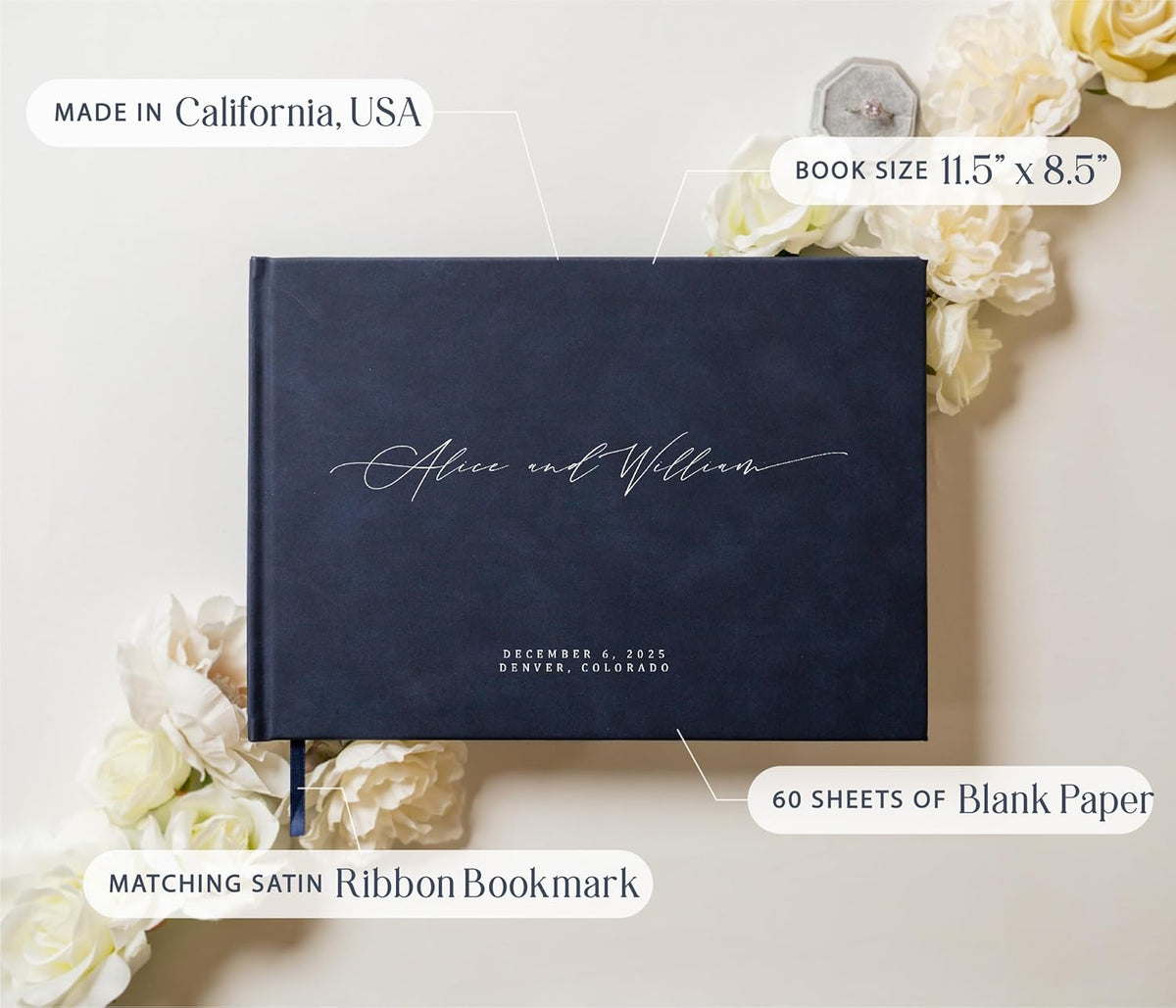 MUUJEE Personalized Guestbook in Navy - Premium Custom Modern Guest Book for Wedding Reception