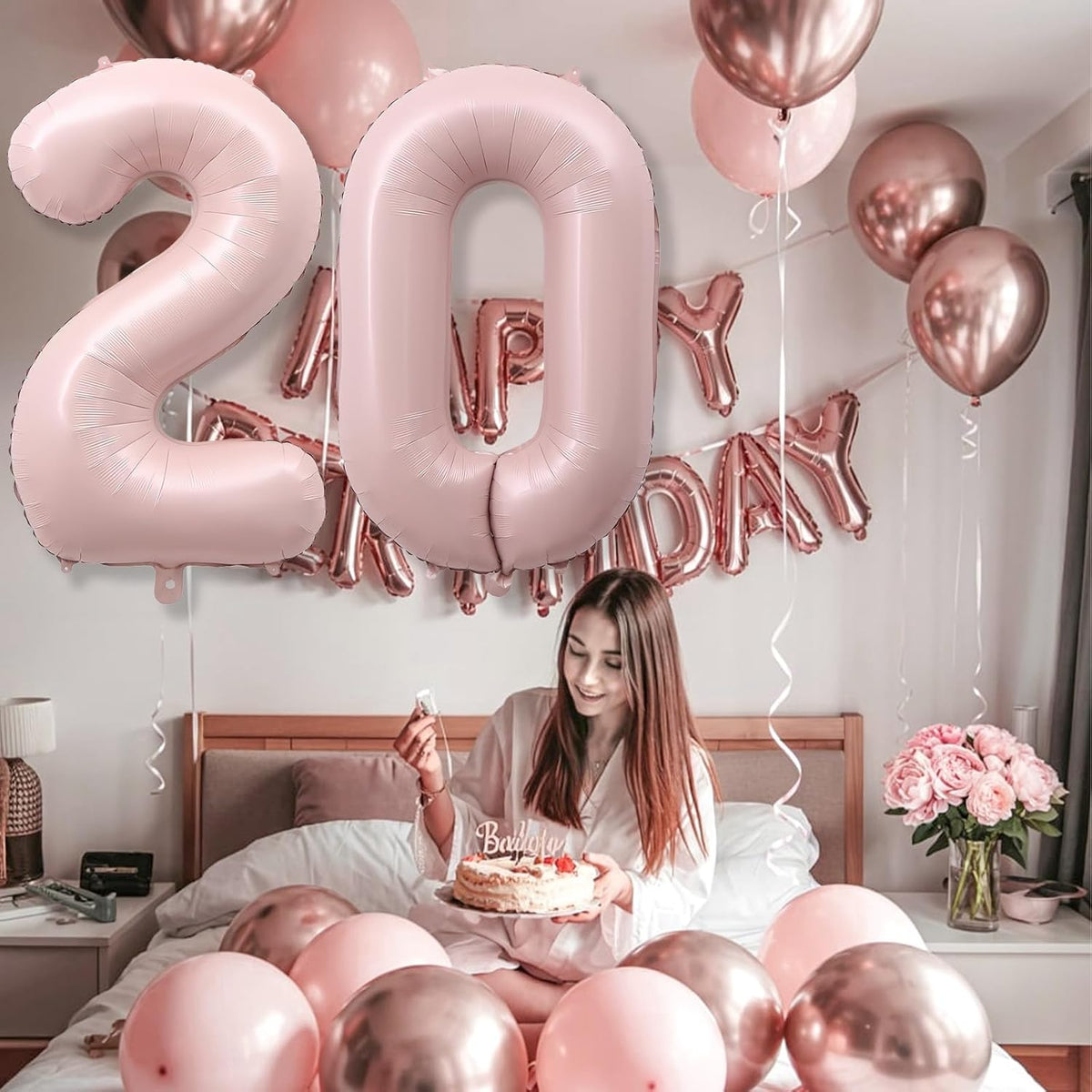 Pastel Pink 20 Balloon Number for Girls, 40'' Self Inflating Number 20 Balloons, Big Light Blush