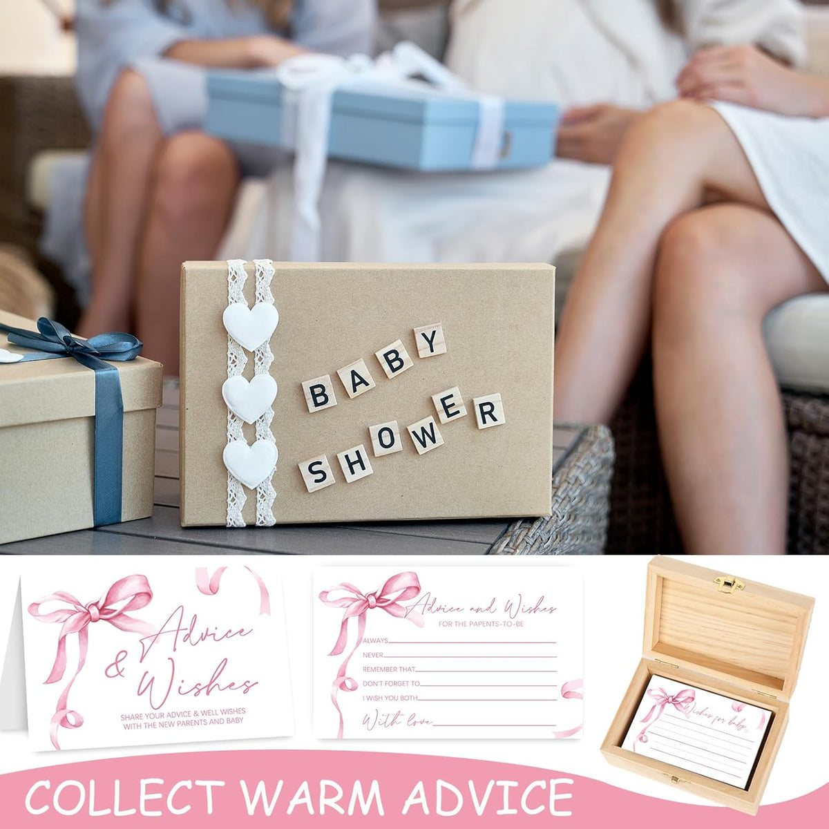 50Pcs Baby Shower Advice Cards Double-Sided Pink Bow Advice and Wish Cards with Wood Box for New