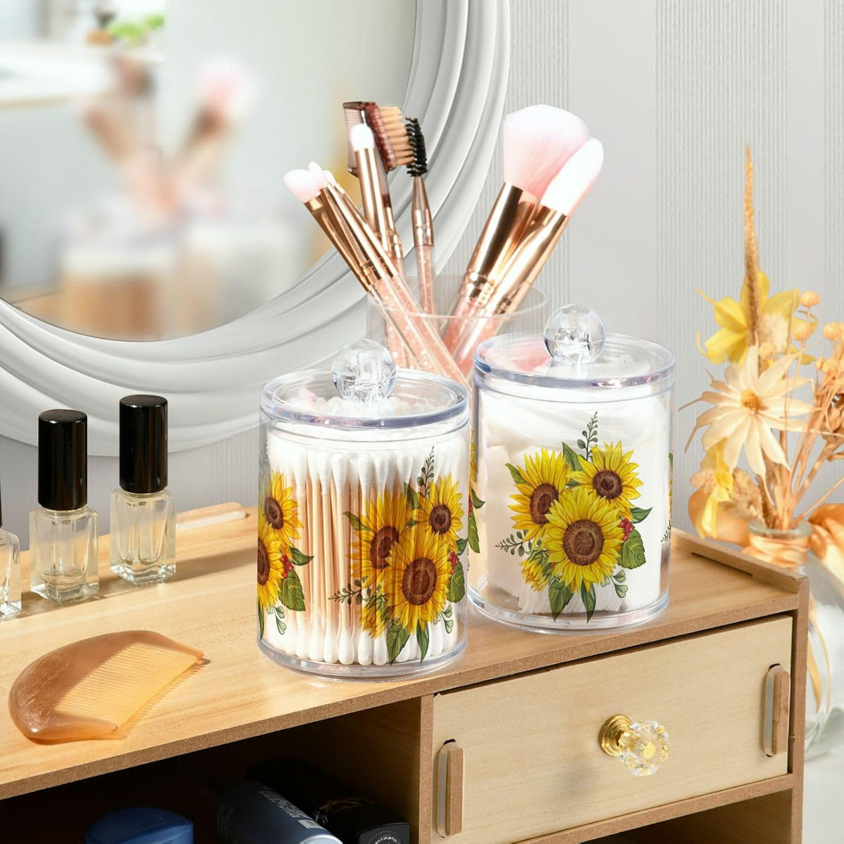 Gredecor Qtip Holder Dispenser 2 Pack Yellow Watercolor Sunflowers Bathroom Decorative Storage