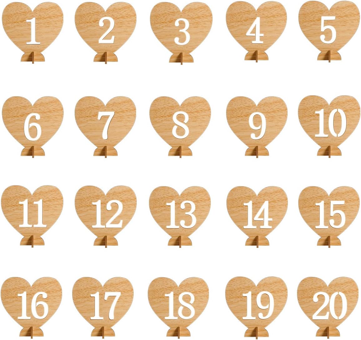Heart Shape Wooden Table Numbers 1-20 With Holder Base - Rustic Hollow Out Wood Cards for Wedding