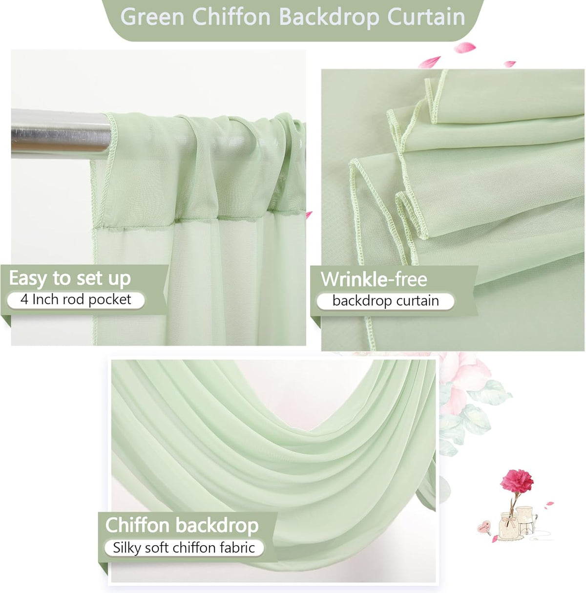PARTISKY 10x10ft Sage Green Chiffon Sheer Backdrop Curtains, Wrinkle-Free Wedding Backdrop Drapes