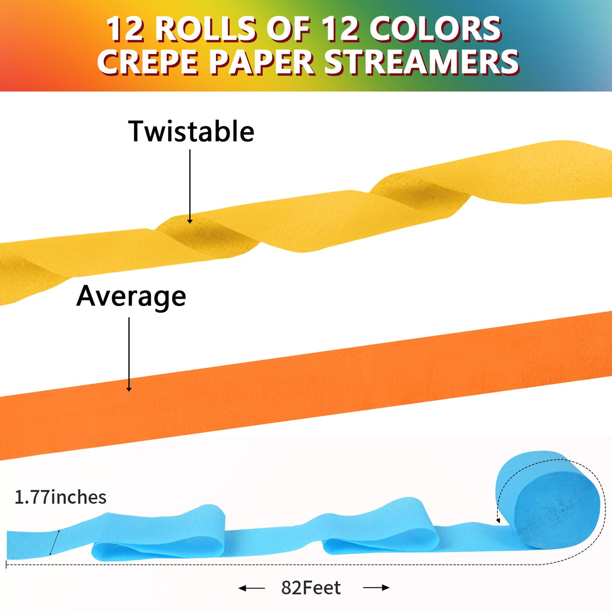 12 Rolls Crepe Paper Streamers, 12 Colors Streamers Party Supplies for Birthday Party Baby Shower
