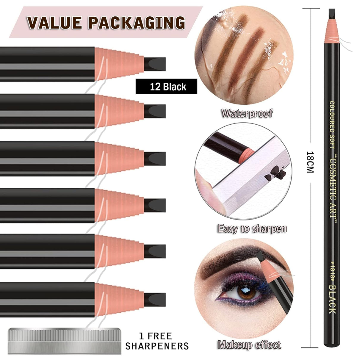 12 Piece Black Colour Waterproof Eyebrows Pencil Tattoo Makeup And Microblading Supplies