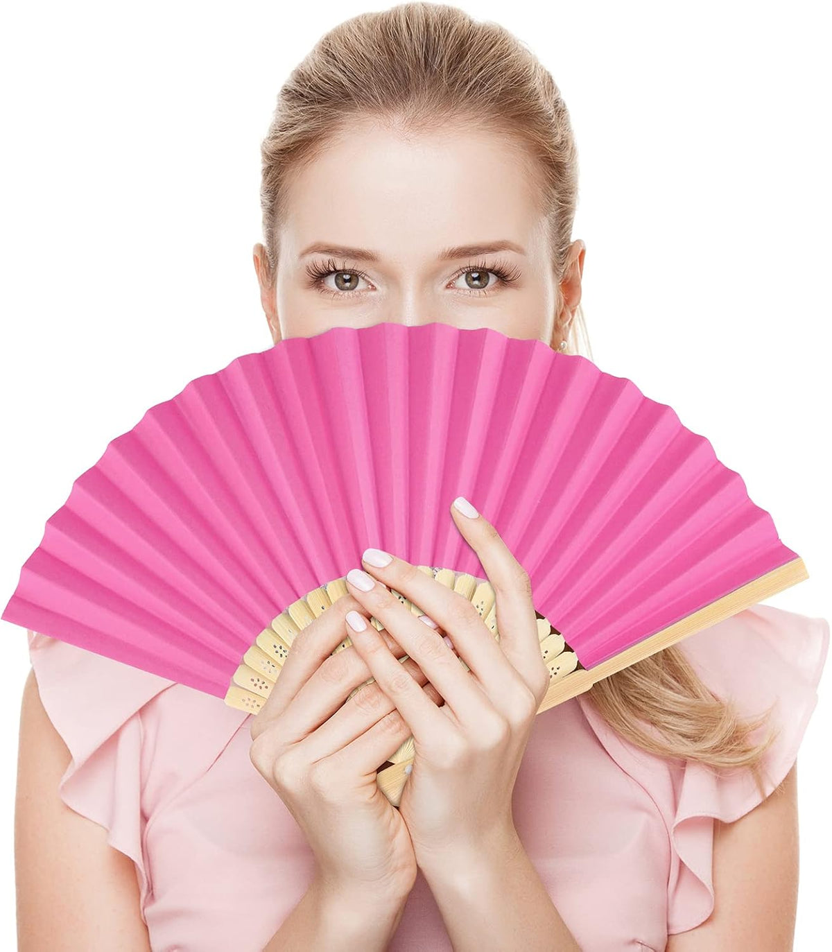 FEPITO 32 Pieces Handheld Paper Fan Paper Folding Fans with Bamboos for Wedding Gift, Party, Home