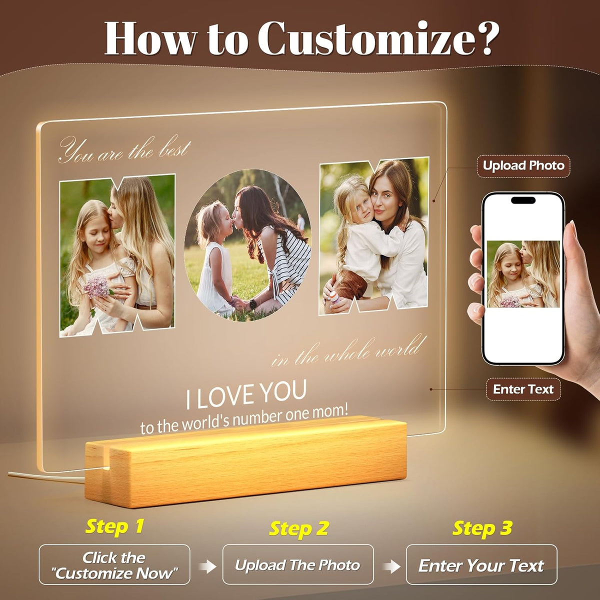 Custom Picture Frames with Photo, Personalized MOM Photo Frame with Night Light, Customized Picture