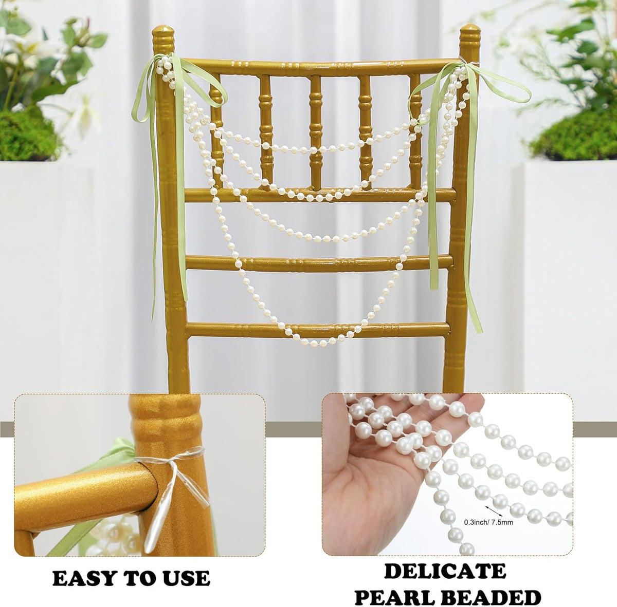 16 Pcs Wedding Pearl Bow Chair Decor Satin Ribbon Bows with Pearl Beaded String Garland Aisle Chair