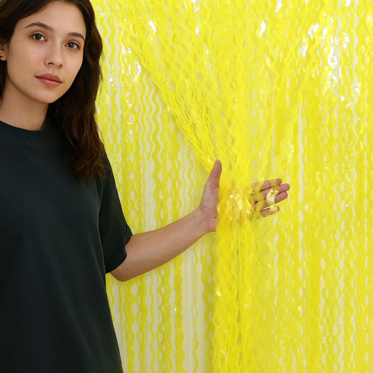 4 Pack Wavy Yellow Foil Curtain Backdrop -3.3 ft x 6.6 ft Gold Tinsel Backdrop Curtain Party
