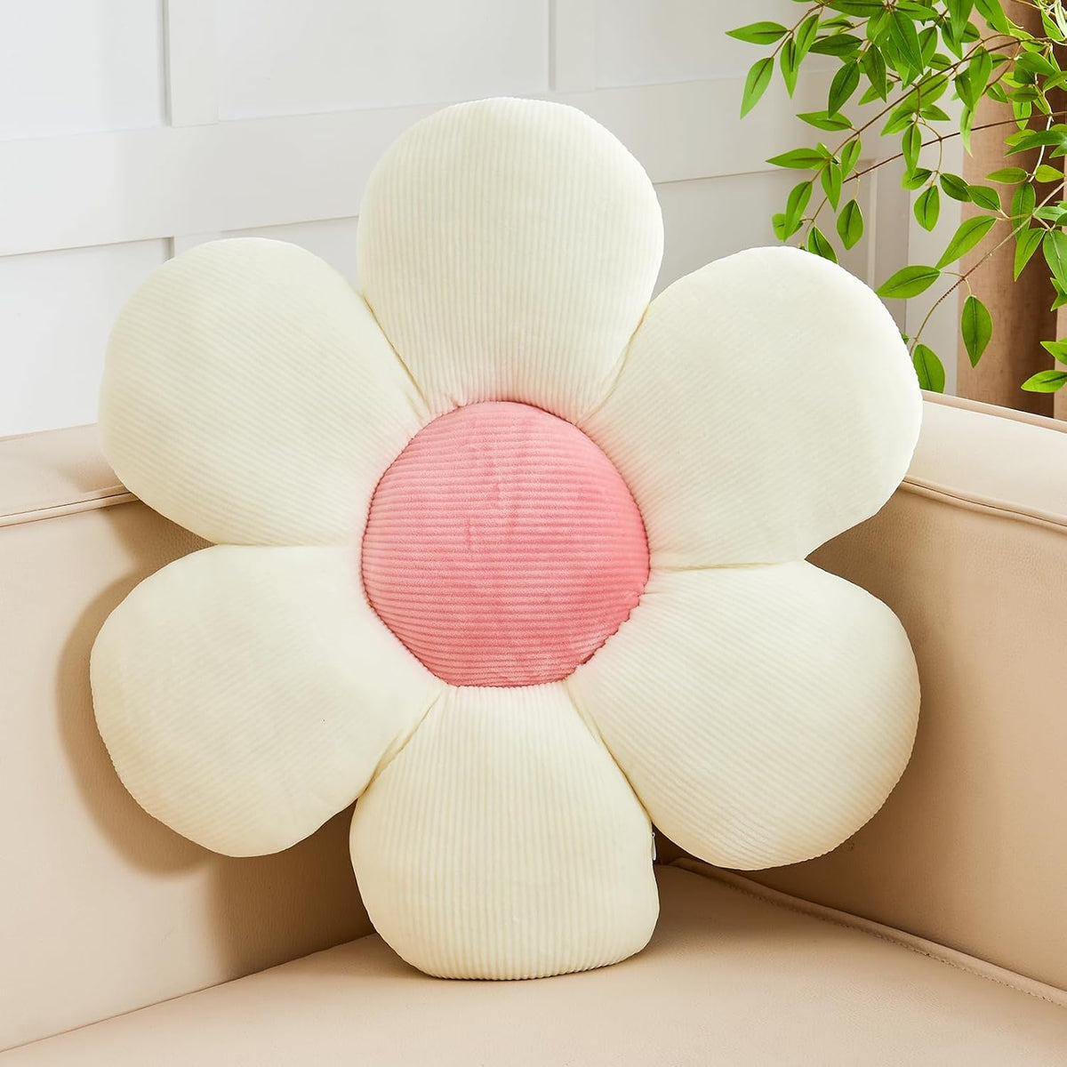 White Pink Flower Pillow, 19.6" Cute Flower Shaped Floor Pillow, Aesthetic Floral Plush Daisy