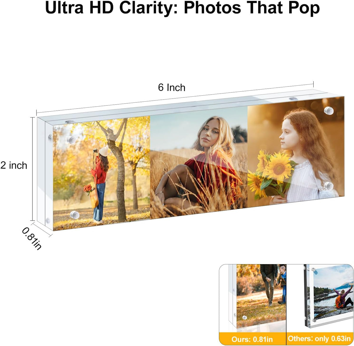 3 Pack 2x6 Acrylic Picture Frames - 20% Thicker Double Sided Magnetic Frame with UV Protection