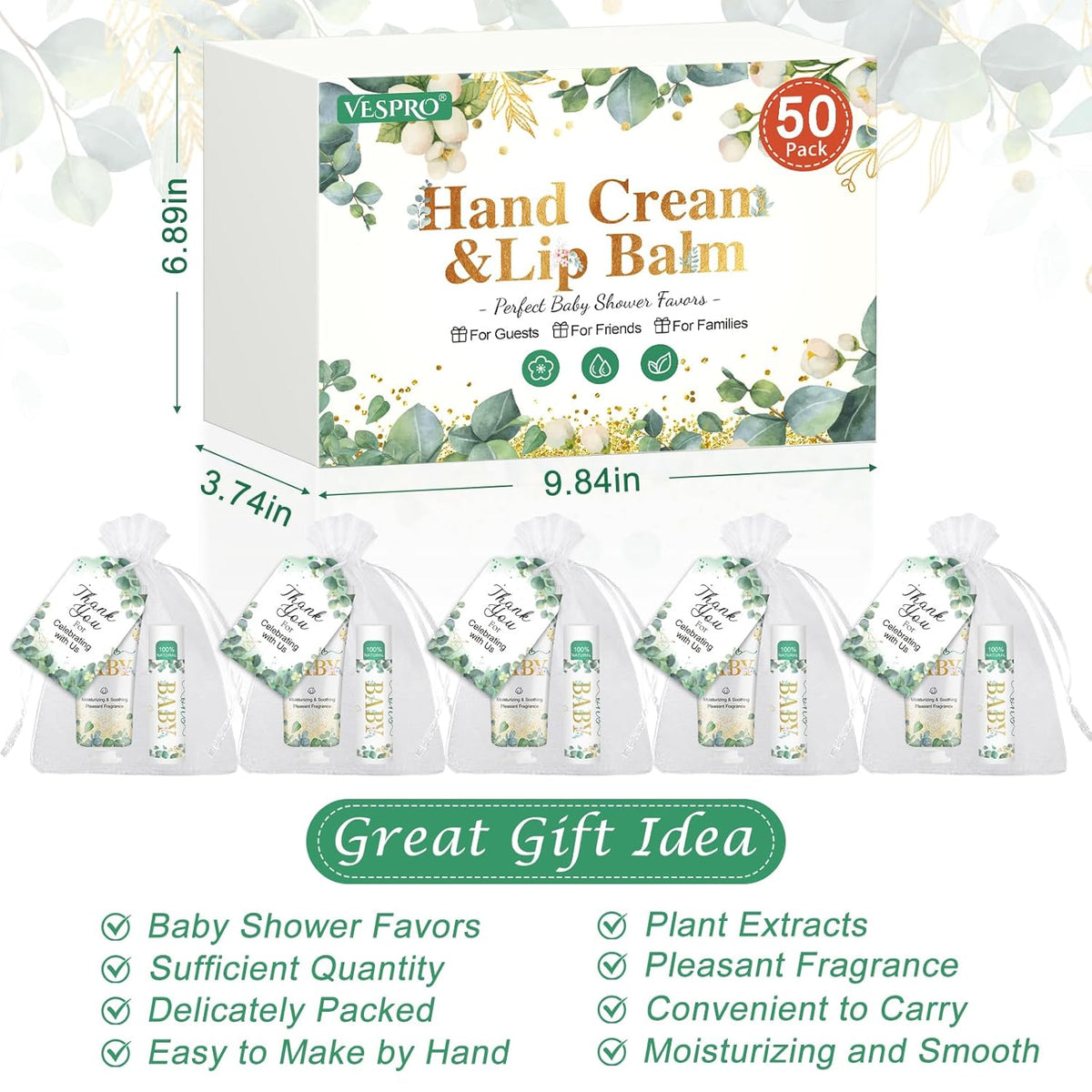VESPRO 50 Pack Hand Cream Bulk and Lip Balm Bulk Gifts Sets, Baby Shower Favors and Bridal Shower