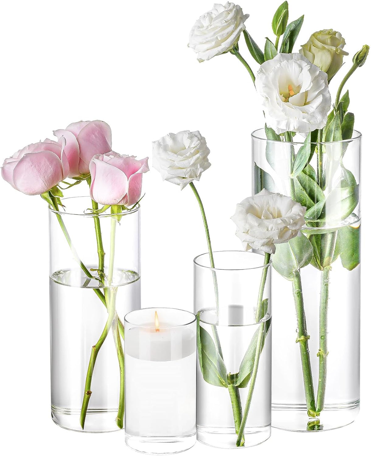 4 Pack Glass Cylinder Vases 4,6,8,10 Inch Tall Clear Flower Vase Hurricane Floating Candle Holder