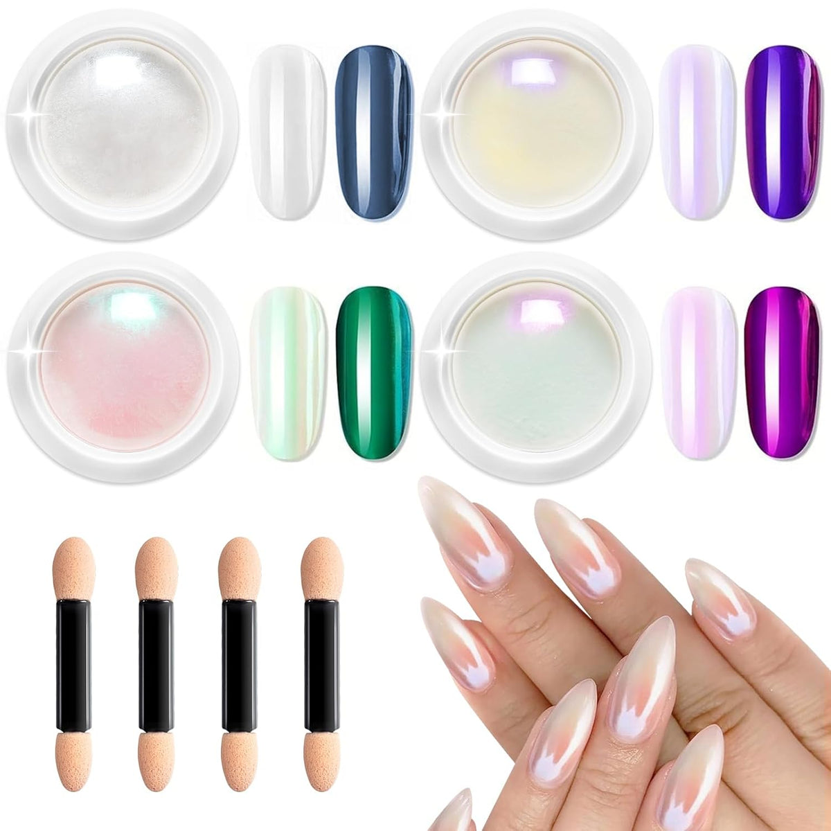 Pearl Chrome Nail Powder - 4pcs Iridescent Aurora Chrome Powder Pearl Mirror Effect Glitter Powder