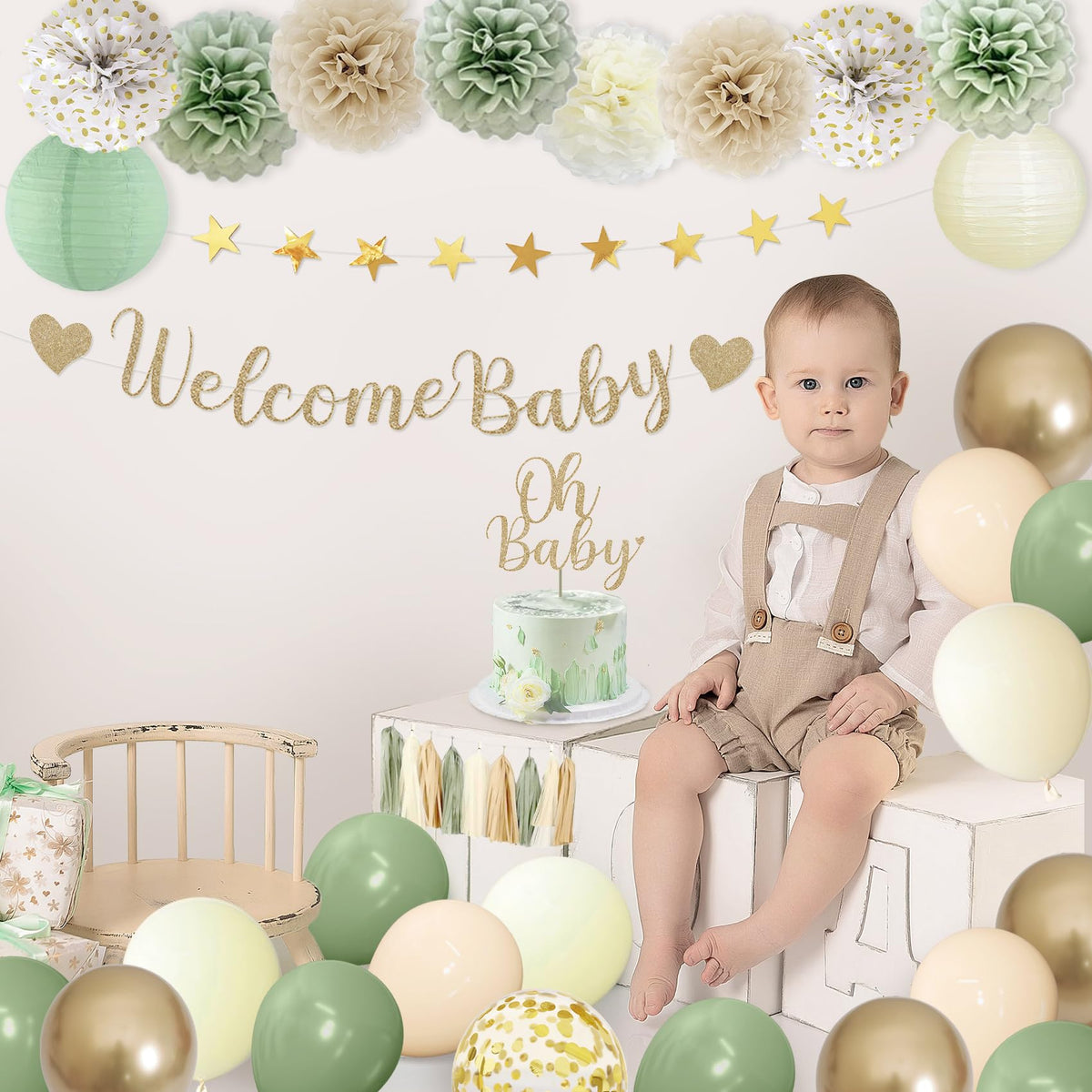 Amandir Sage Green Baby Shower Decorations Welcome Baby Banner