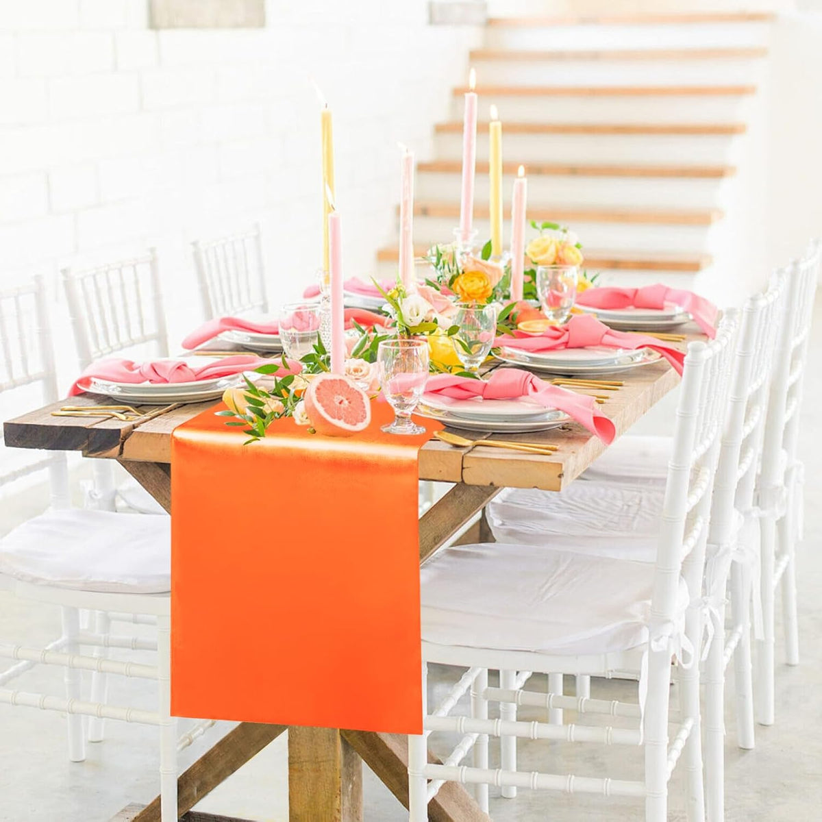 10 Pack Satin Table Runner 12 x 108 Inch Long Orange Silk Table Runner for Wedding Party Banquet