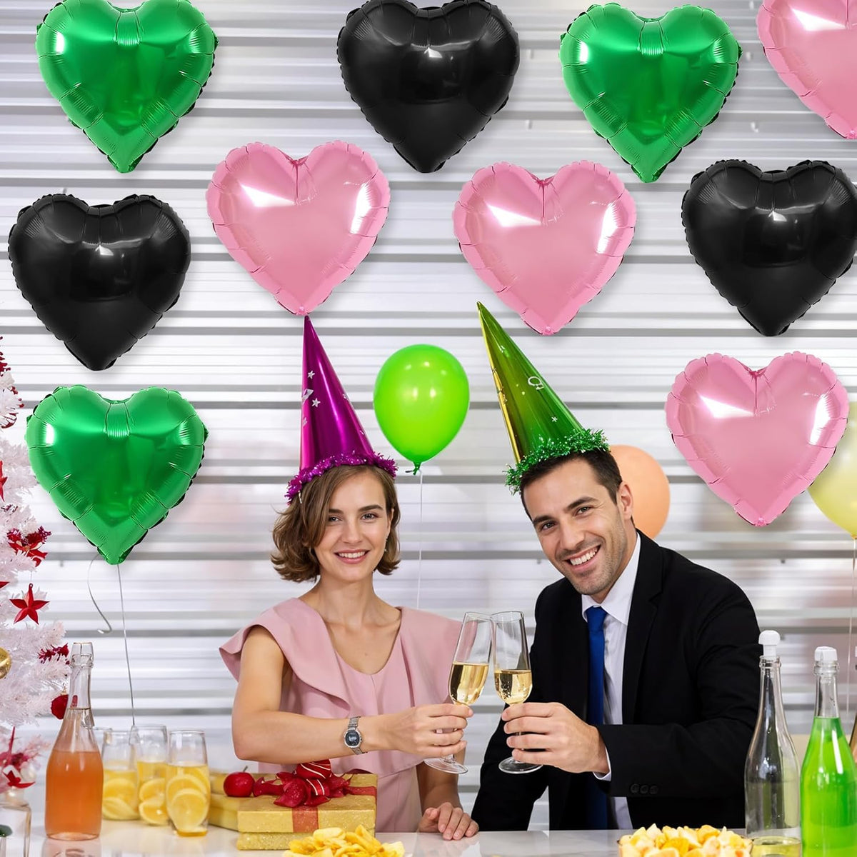 Black Green Pink Heart Balloons,12Pcs 18Inch Pink Green Heart Shaped Foil Helium Balloons for Baby