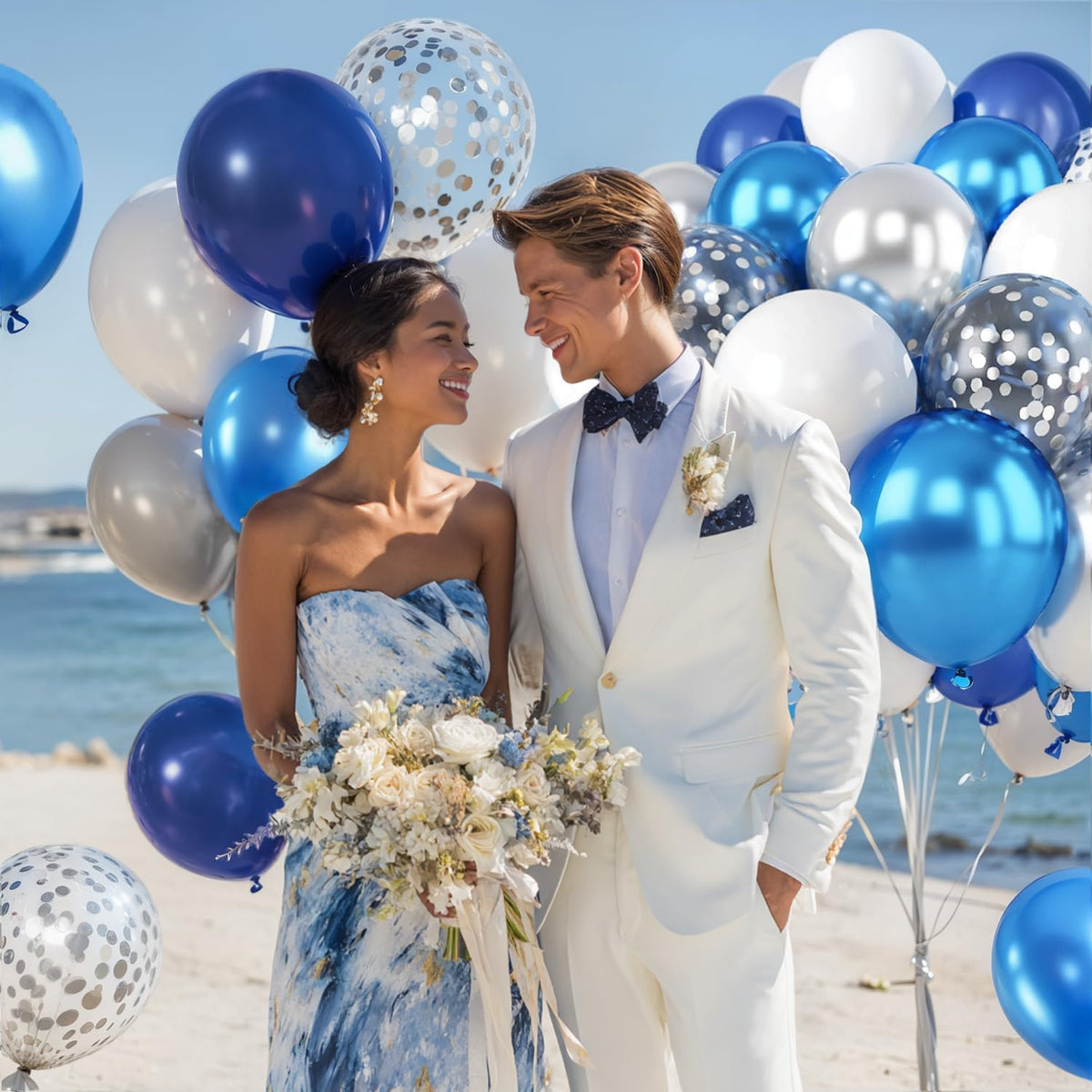 Blue White Silver Confetti Balloons, 50pcs 12 Inch Metallic Blue and Silver Balloons Clear White