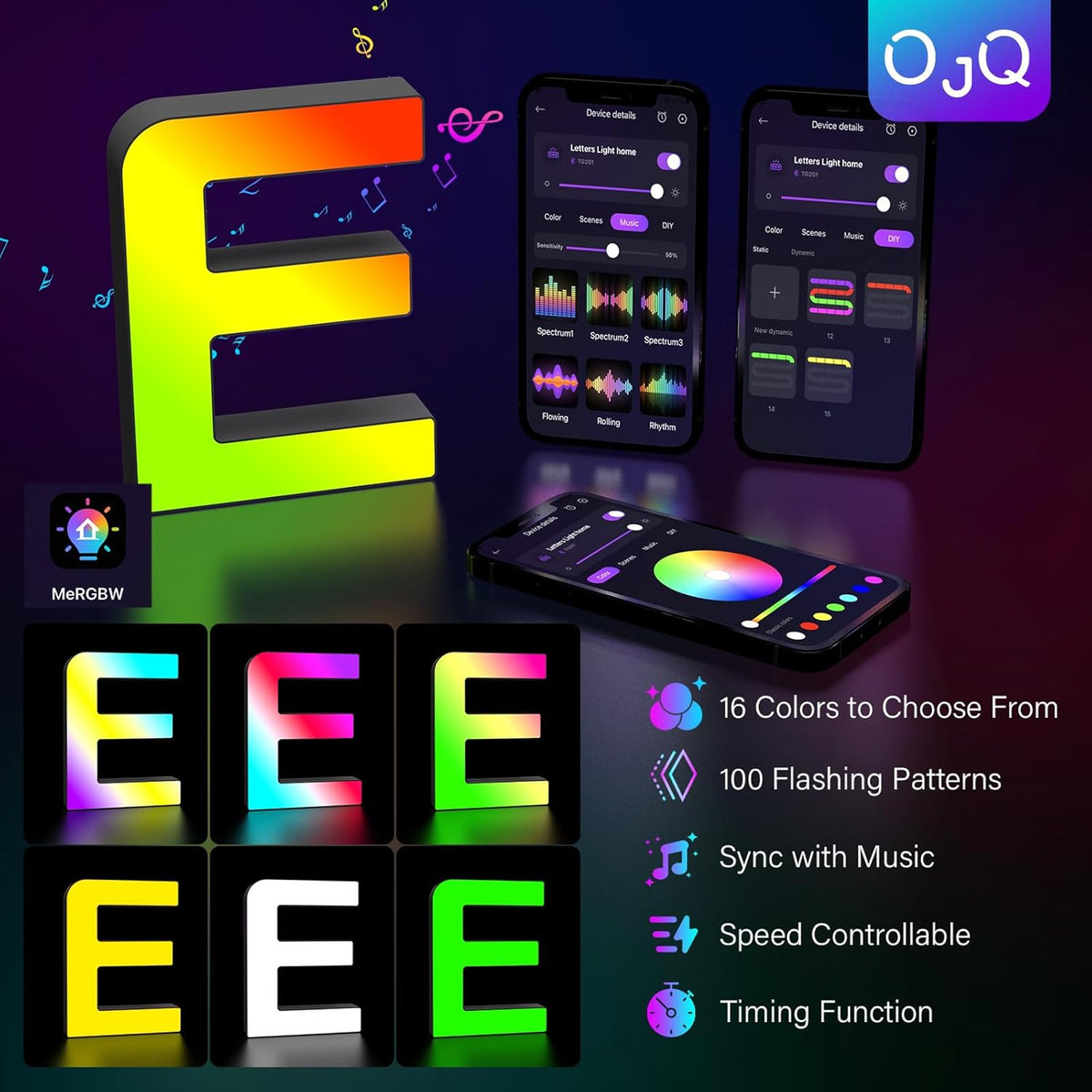 OJQ Light Up Letters LED Letter - Marquee Letters Room Decor Alphabet Letter Music Sync Color