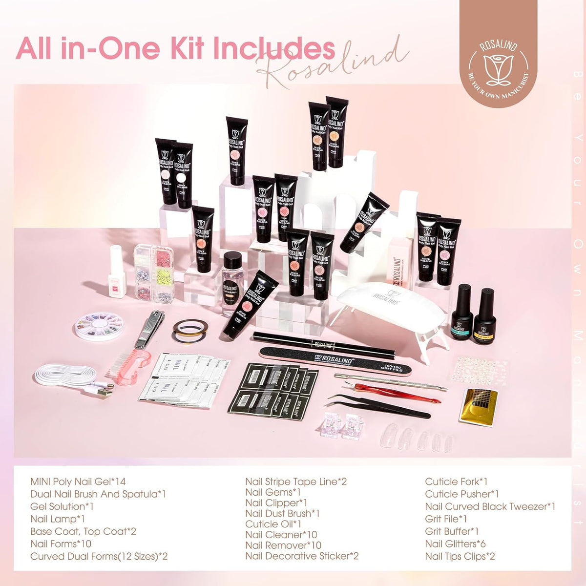ROSALIND Poly Nail Gel Kit -14 Colors +72 Nail Art Accessories kit Nude Pink Poly Nails Gel Kit