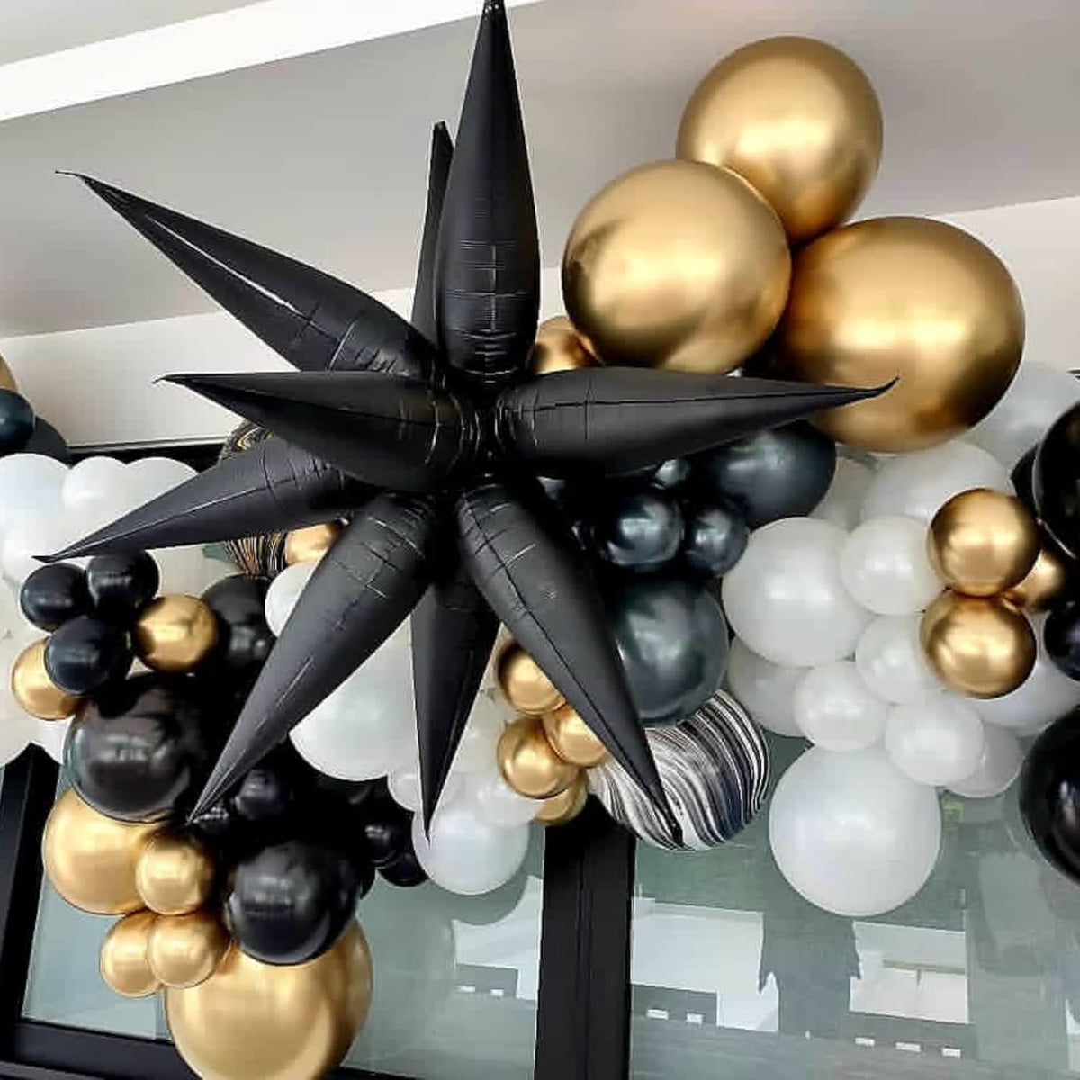 Black Star Balloons 12pcs, 27/22 Inch Foil Star Explosion Balloons, Large Spike Mylar Cone Balloon