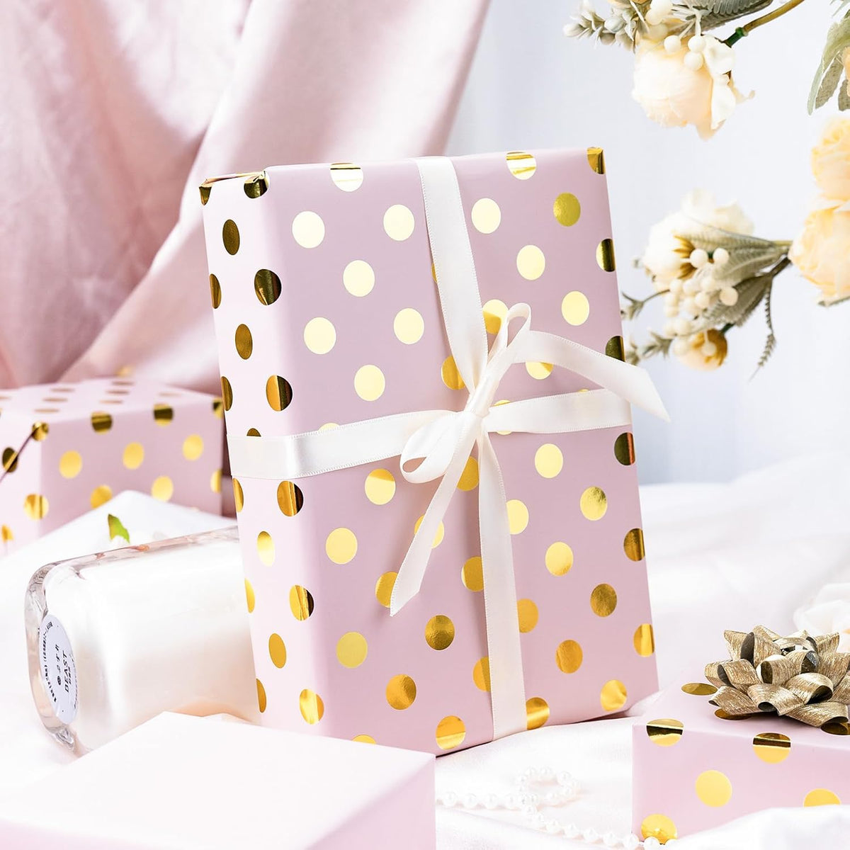 Burymento Pink and Gold Dots Wrapping Paper, Reversible Pink Gift Wrap for Birthday, Valentines