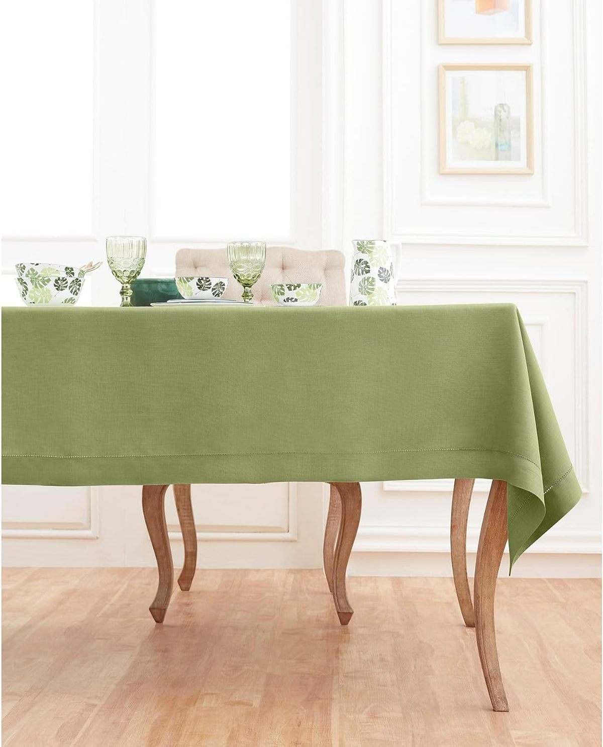 Solino Home Linen Tablecloth 60 x 144 Inch - Classic Hemstitch 100% Pure Linen Moss Green Table