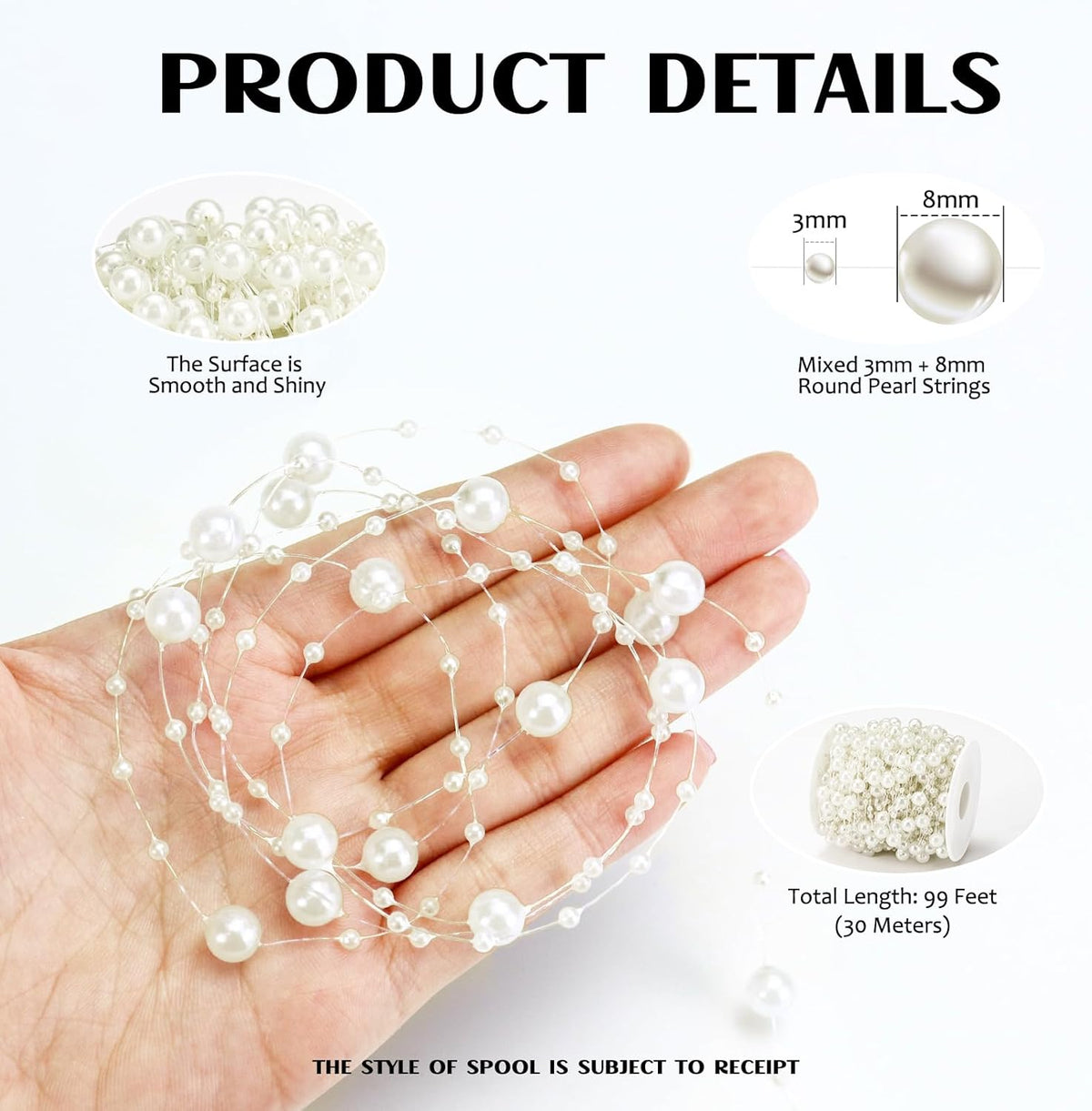 99 Feet Fishing Line Artifical Pearl Strings for Crafting, Faux Pearl Garland Strands for Floating