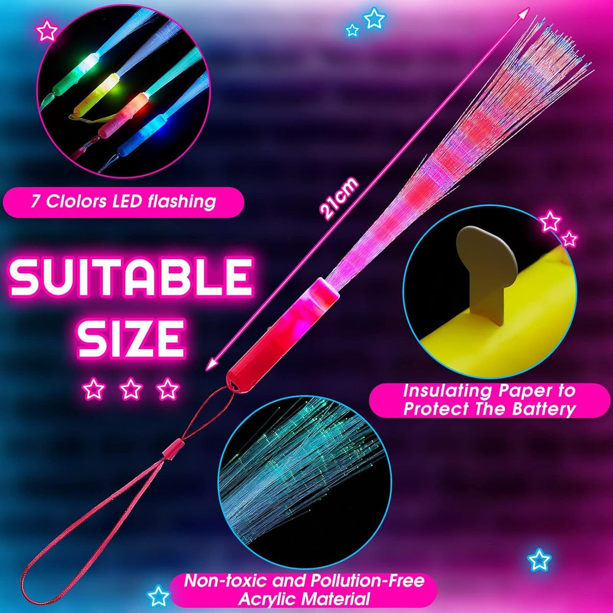 Lewtemi 60 Pack Fiber Optic Wand Glow Wand LED Light Up Wand Bulk with 3 Flashing Models Flashing