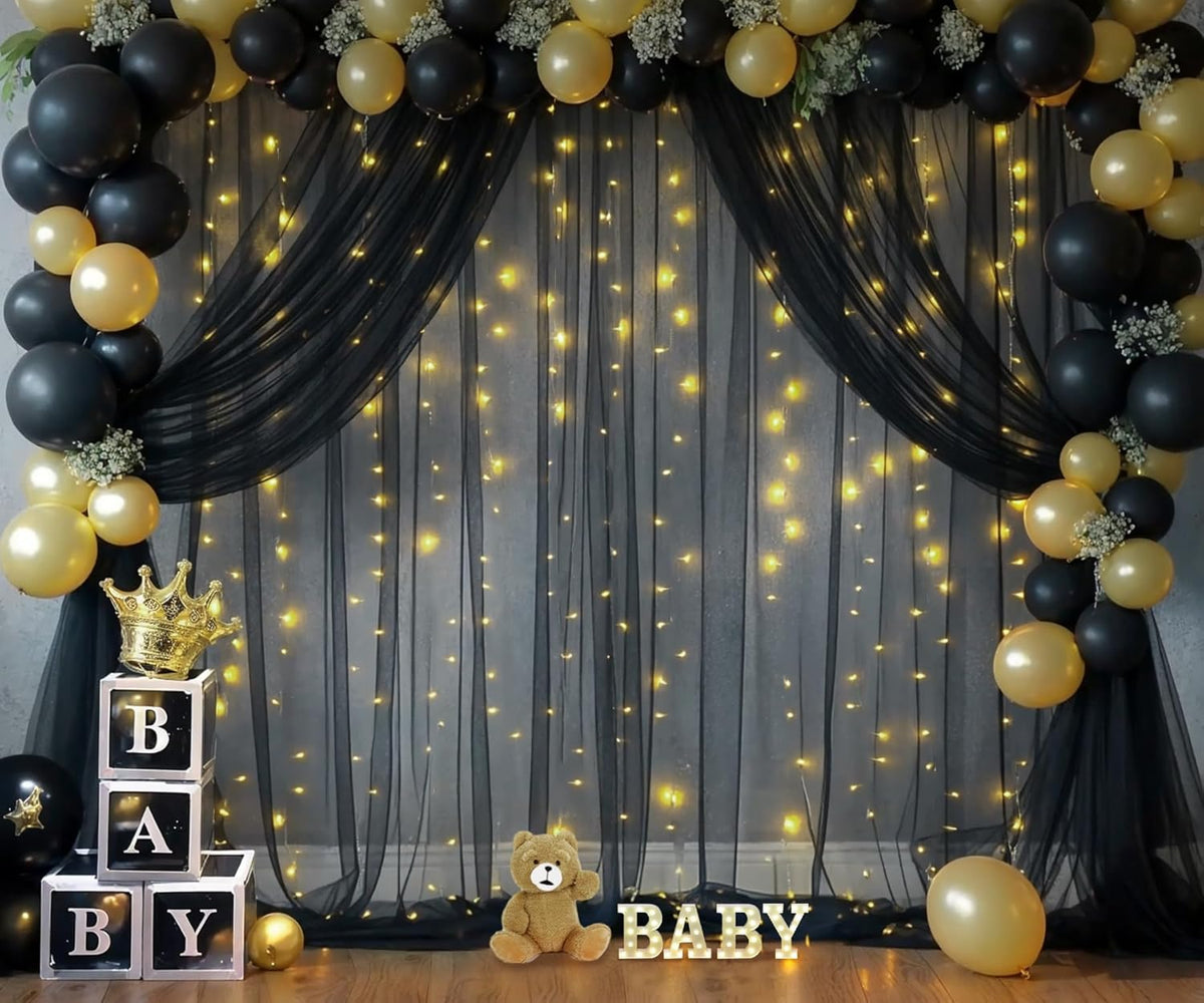 Black Sheer Backdrop Curtains with Lights String for Parties Birthday 10ft × 8ft Black Tulle