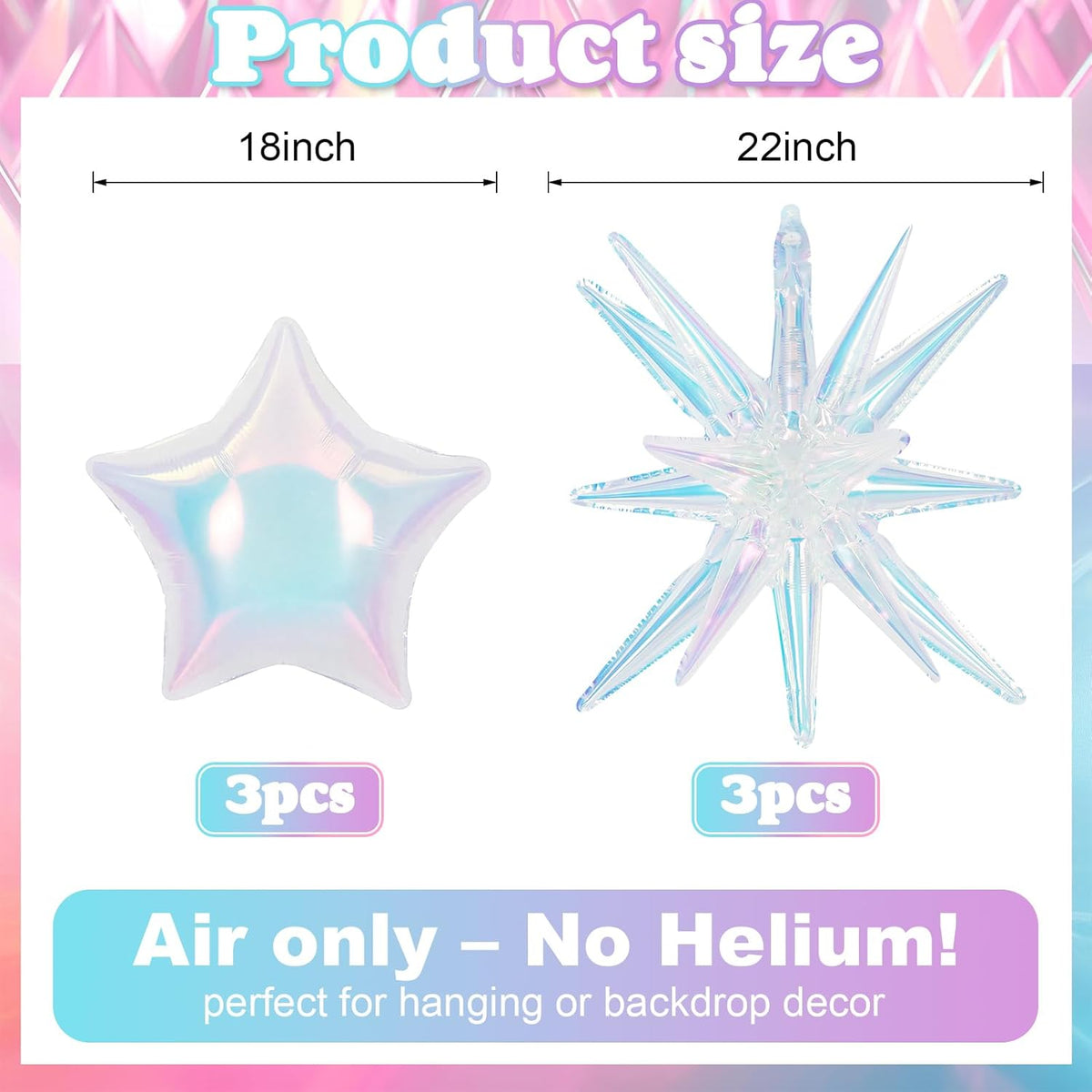 6Pcs Iridescent Foil Balloons, 22" 18" Star Iridescent Balloons Large Holographic Spike Cone Clear