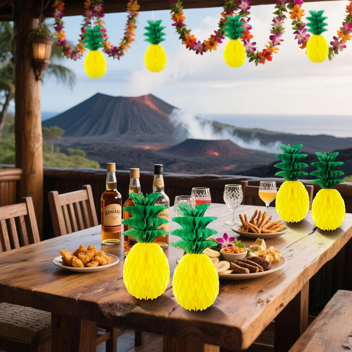 6 Pack 14 Inch Pineapple Honeycomb Decorations, Standing Tissue Paper Centerpieces, 3D Tropical