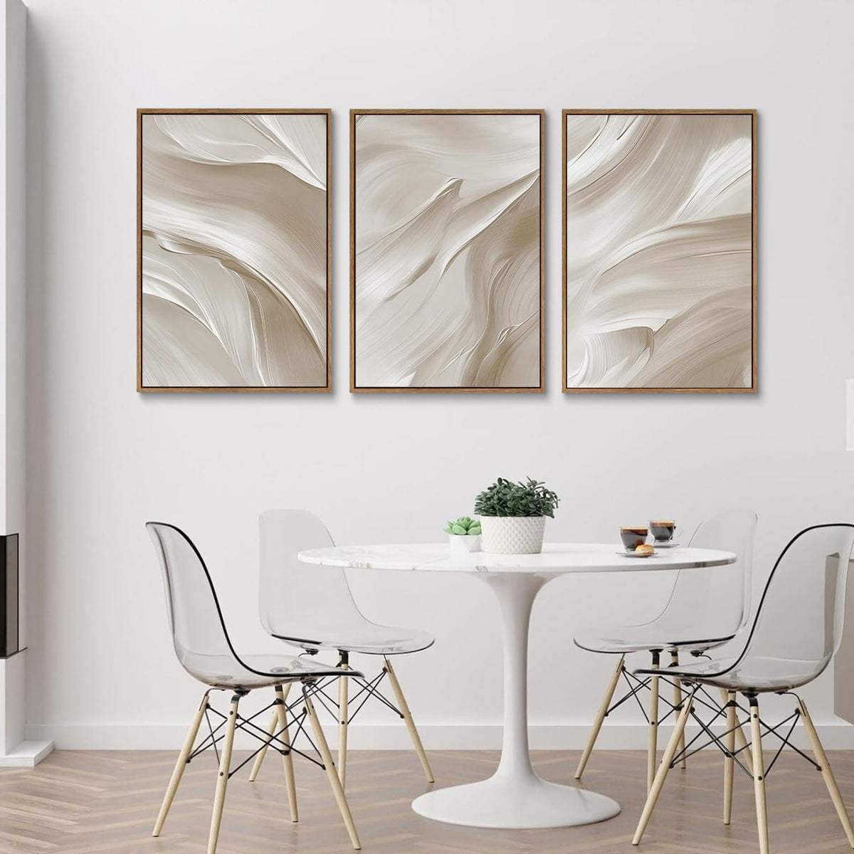 myusuar 3 Piece Large Abstract Framed Wall Art For Living Room, Smoke Texture Ink Beige White