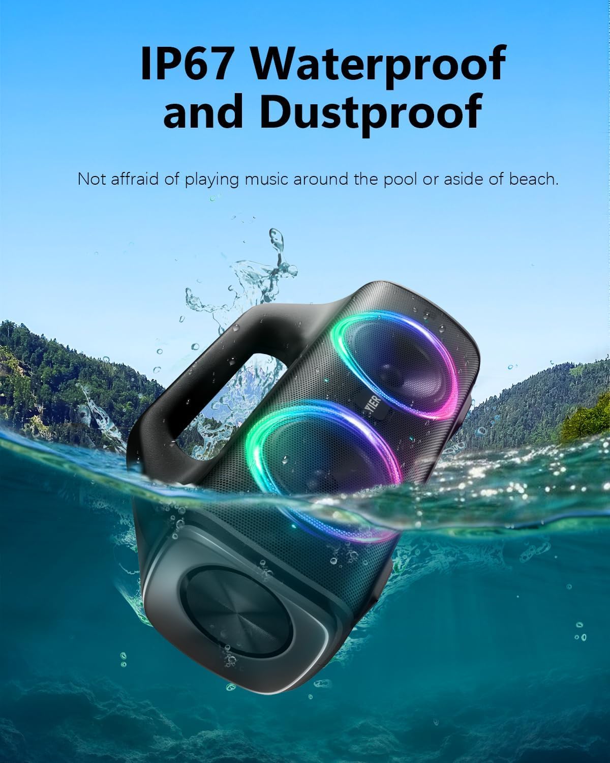 Speakers, 80w (Peak) Portable Wireless Speaker with Lights, Stereo Loud Sound, IP67 Waterproof