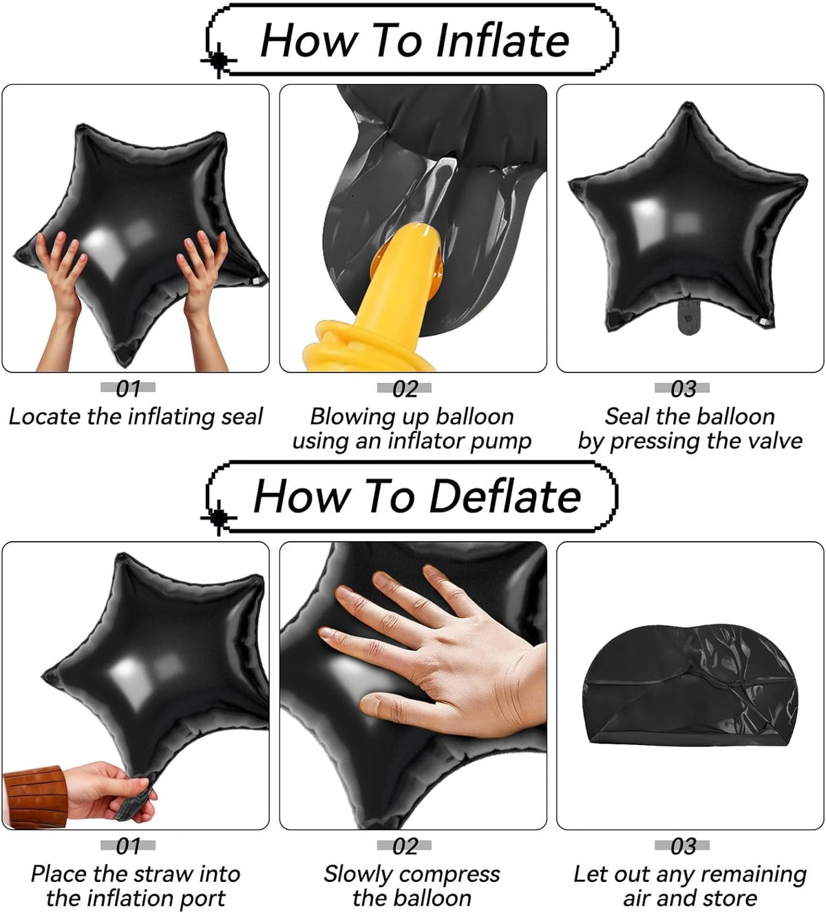 16 Pcs Black Star Balloons,22/18/10 Inch Foil Balloons, Four-Pointed Balloon for Kids Birthday