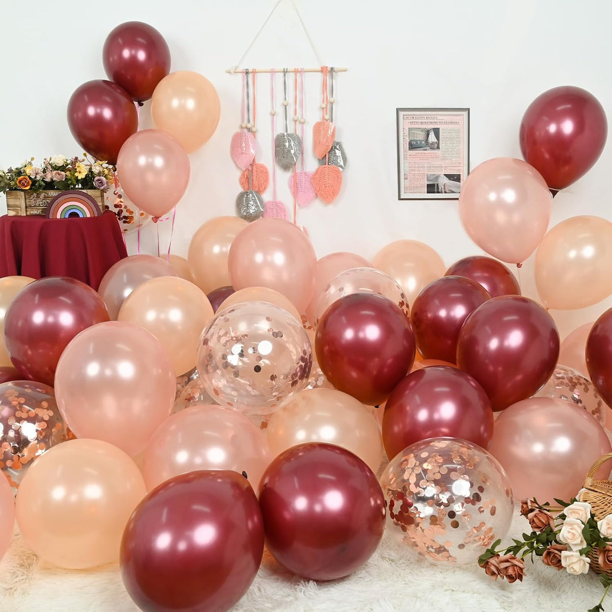Balloons Burgundy Rose Gold, 60 Packs 12 Inches Wine Red Champagne Latex Balloon Rose Gold Confetti