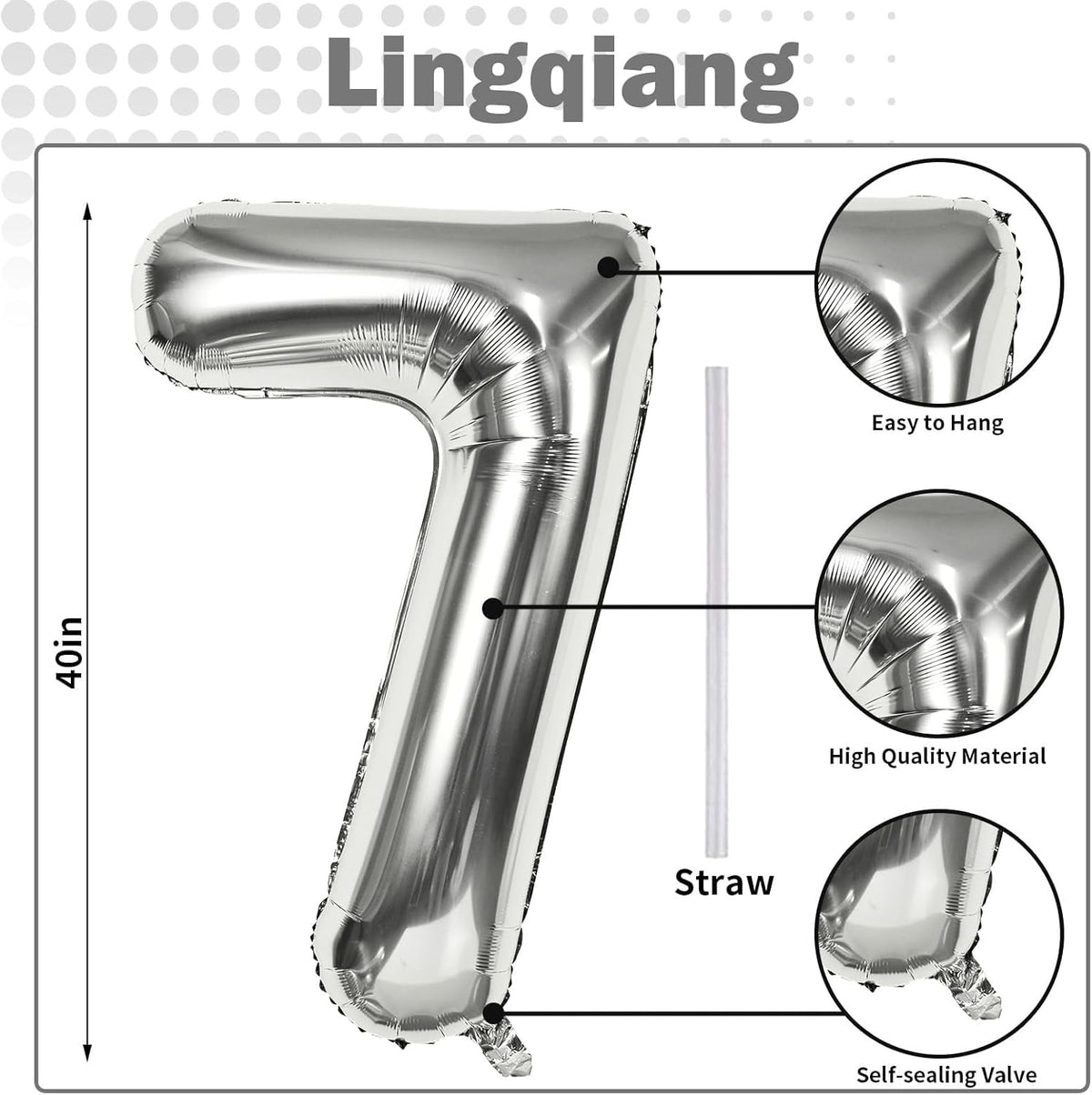 40'' Silver Number 7 Balloons, Self Inflating Foil Number Balloons Set 0-9 for Women Men, Large