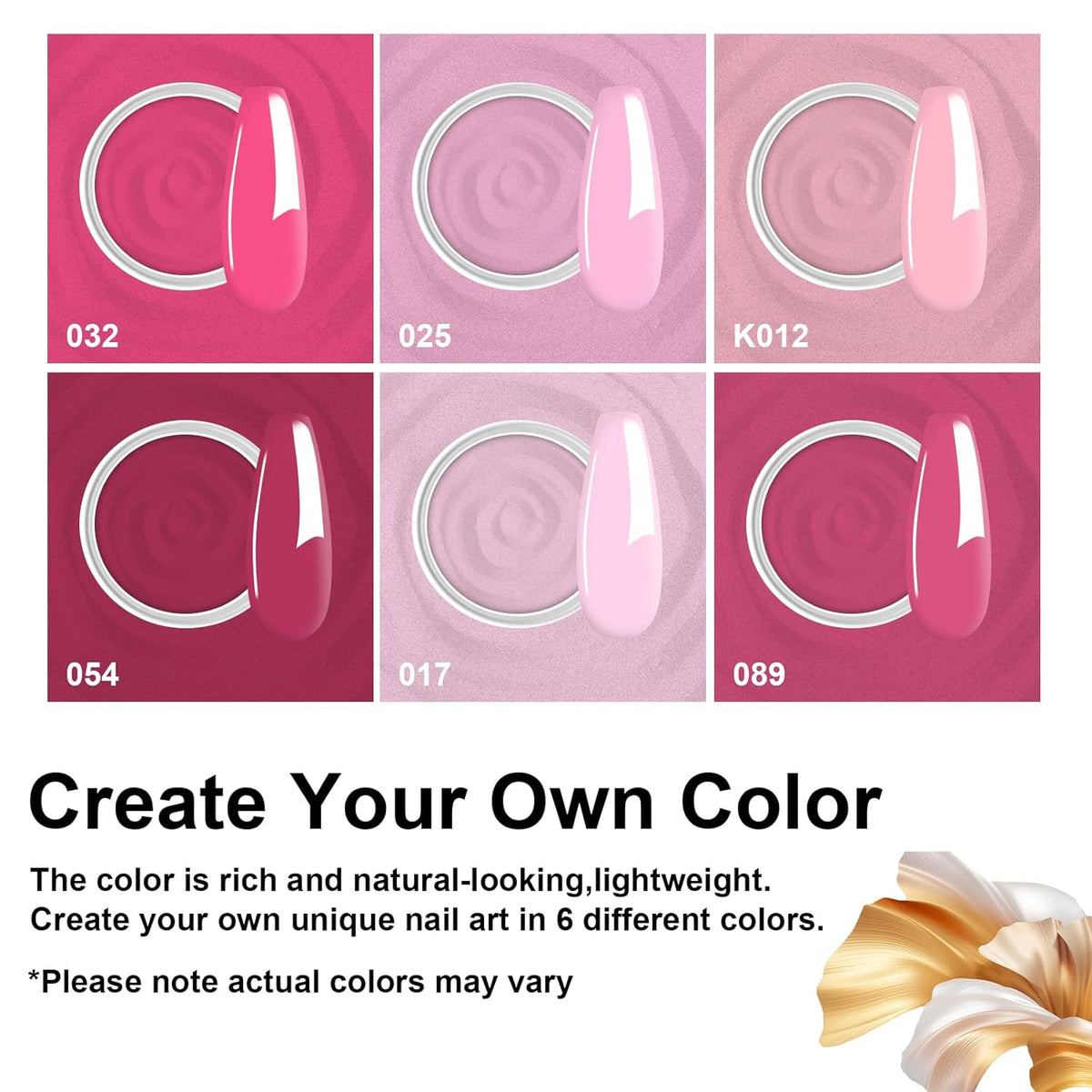 Dip Powder Nail Set, 6 Colors Hot Pink Series 12 Pcs Dipping Powder Kit With Base & Top