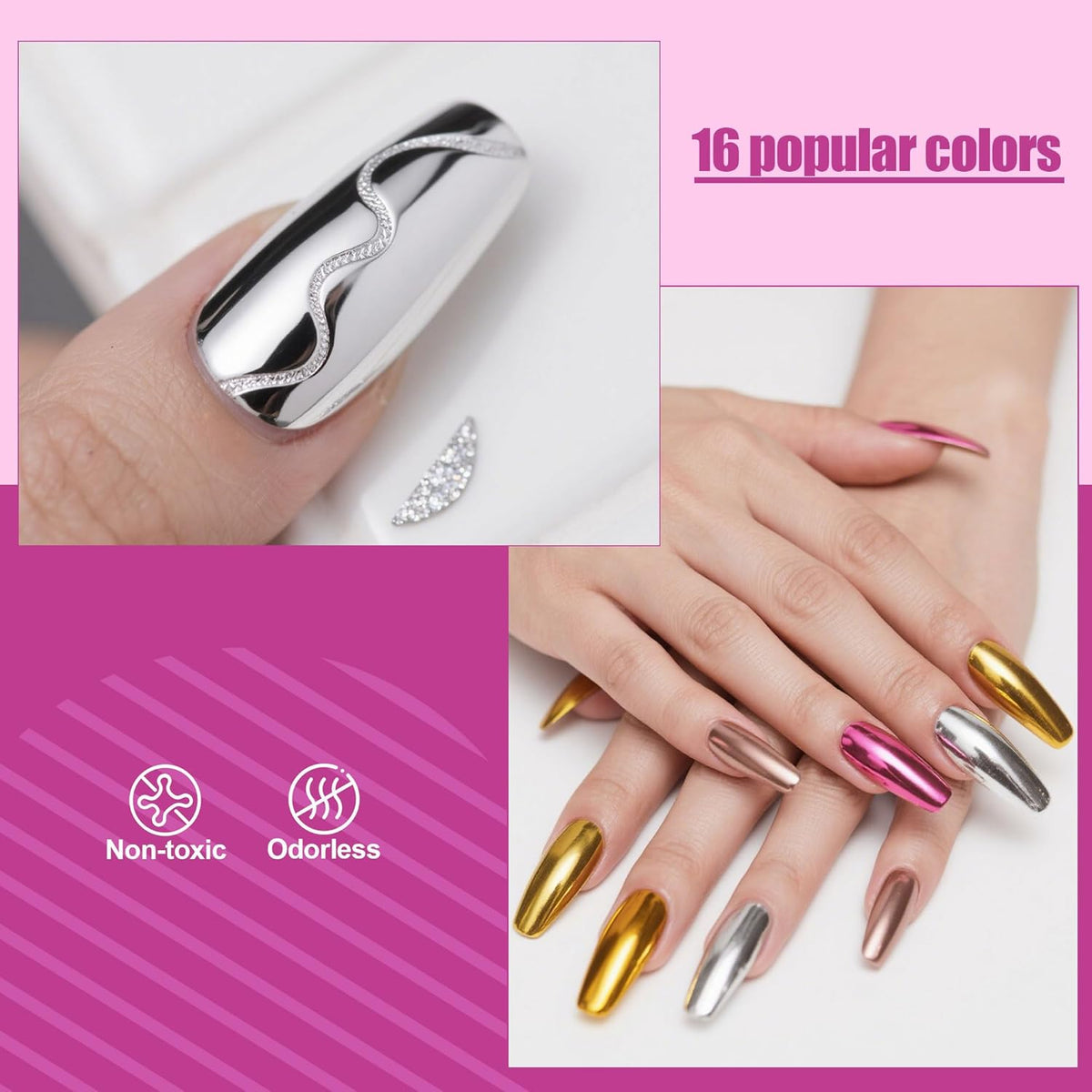 Artdone 16 Jars Chrome Nail Powder Magic White Pearl Kit Mirror Effect Silver Metallic Holographic