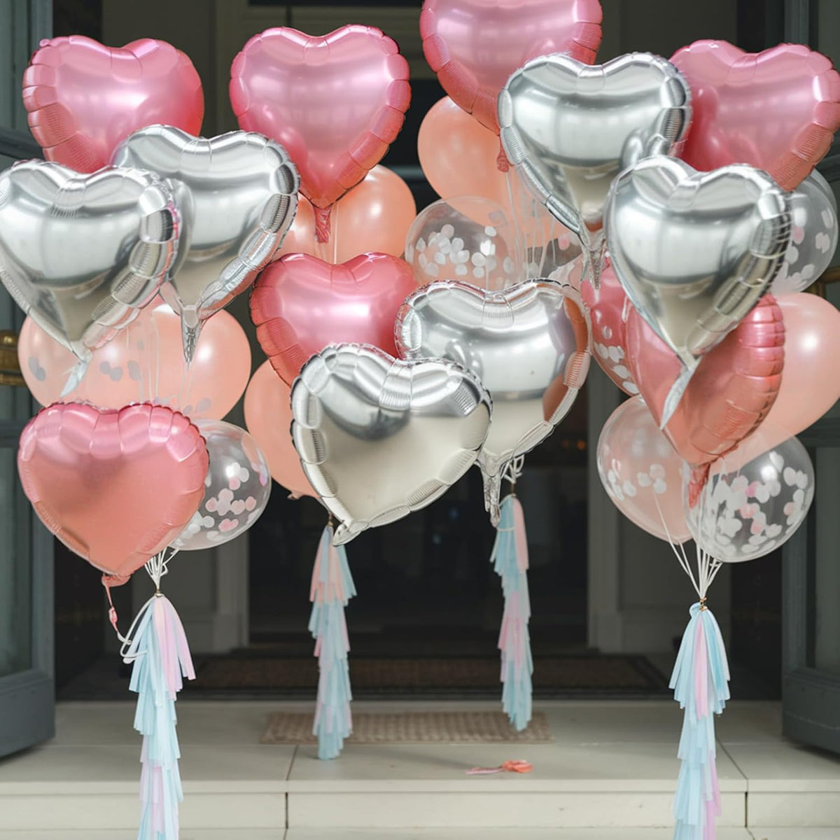 Pink Silver Heart Balloons, 18 Inch Pearl Pink and Silver Heart Shape Balloons, 12PCS Helium Love