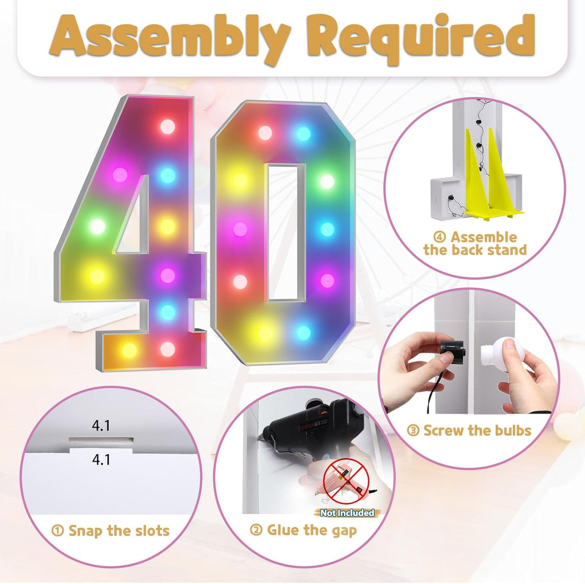 Marquee Numbers Colorful 40th-Birthday Decoration: 4FT Large Light Up 40 Year Old Birthday