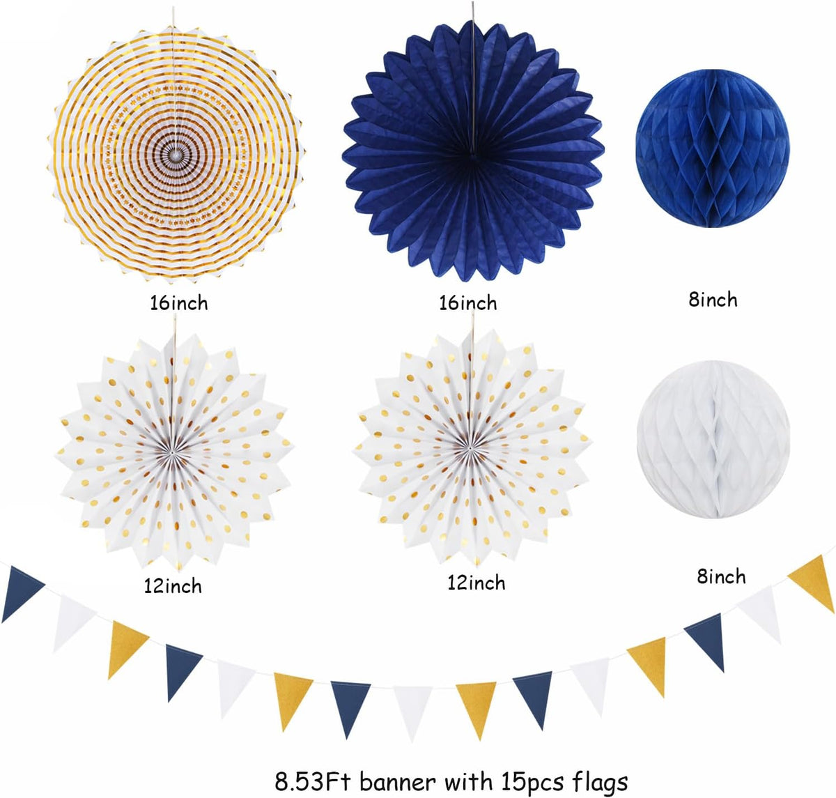 Navy-Blue White Gold Party-Decorations - 20pcs Graduation 2025 Paper Lanterns Fans,Tissue Pom