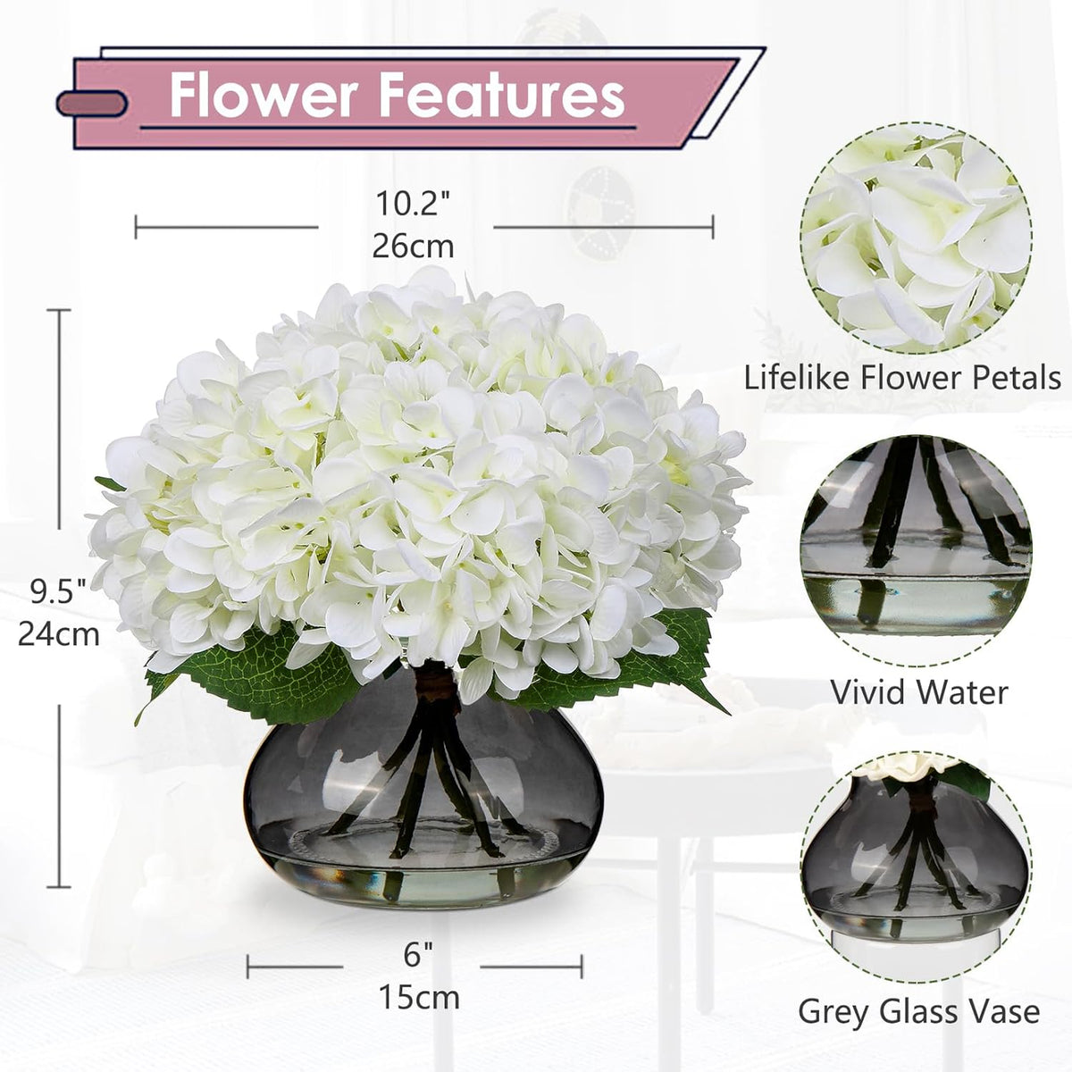 Hollyone Hydrangea Artificial Flowers with Glass Vase White Silk Faux Flowers Arrangements with