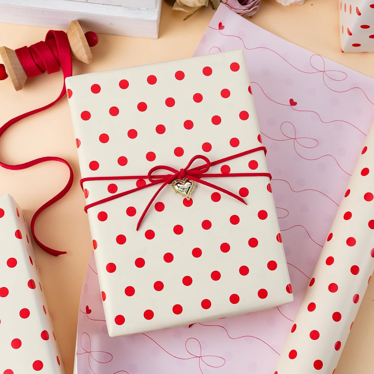 Flyhill Polka Dot Wrapping Paper,Reversible Pink Beige Elegant Heart & Bow Gift Wrap Suitable for